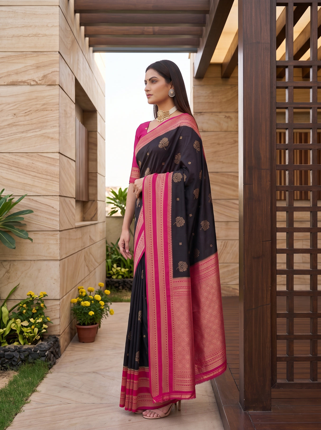 MIMOSA Chocolate Saree Saree — pose 3 styling detail