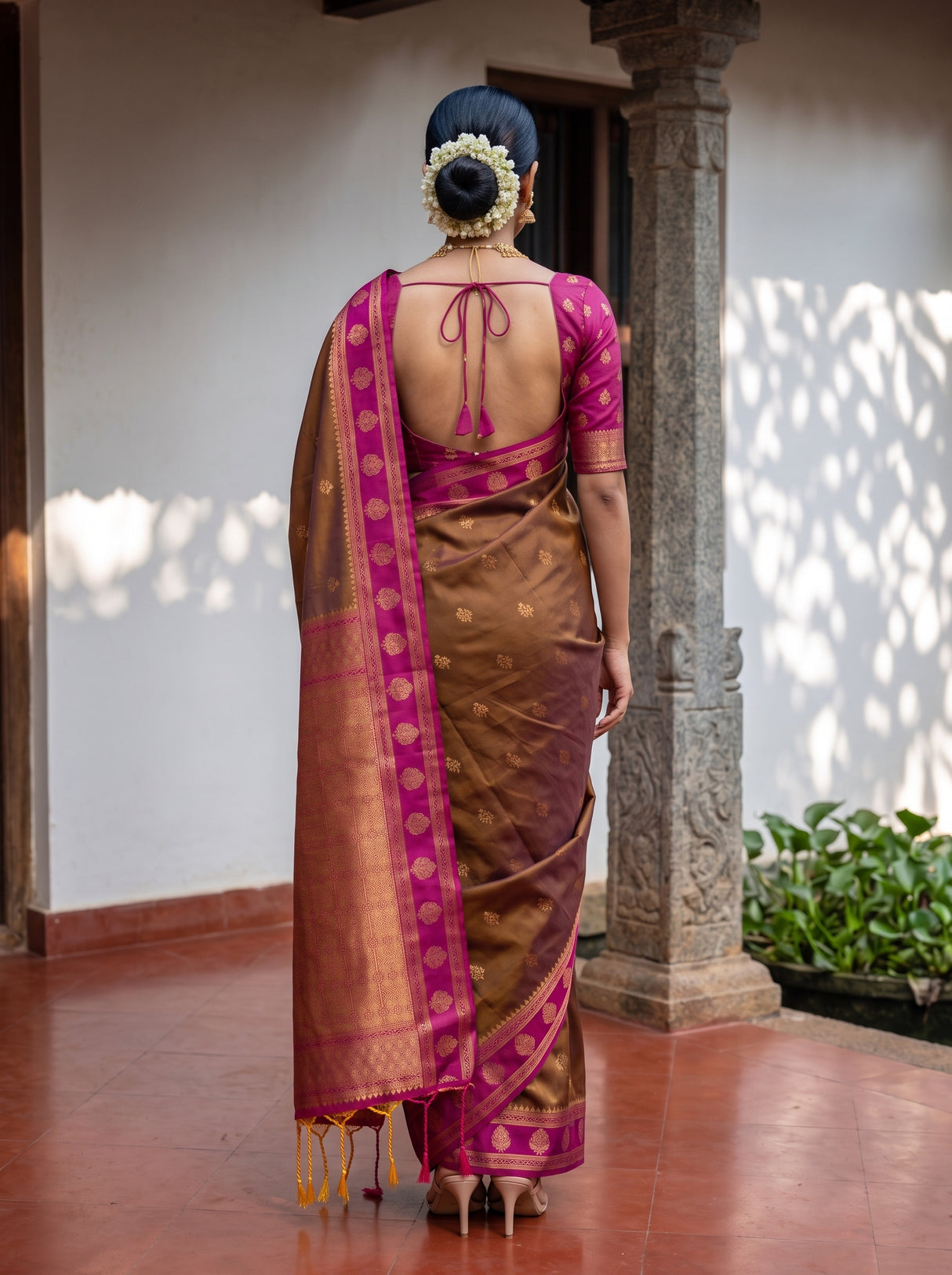 MIMOSA Chocolate Kanjivaram Art Silk Saree — Saree shot pallu and body