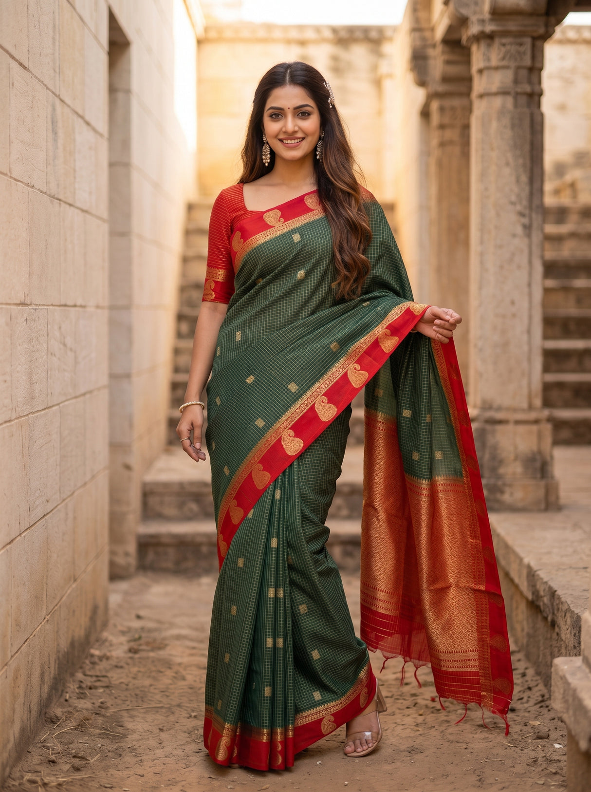 MIMOSA Bottle Green Saree Saree — pose 5 styling detail