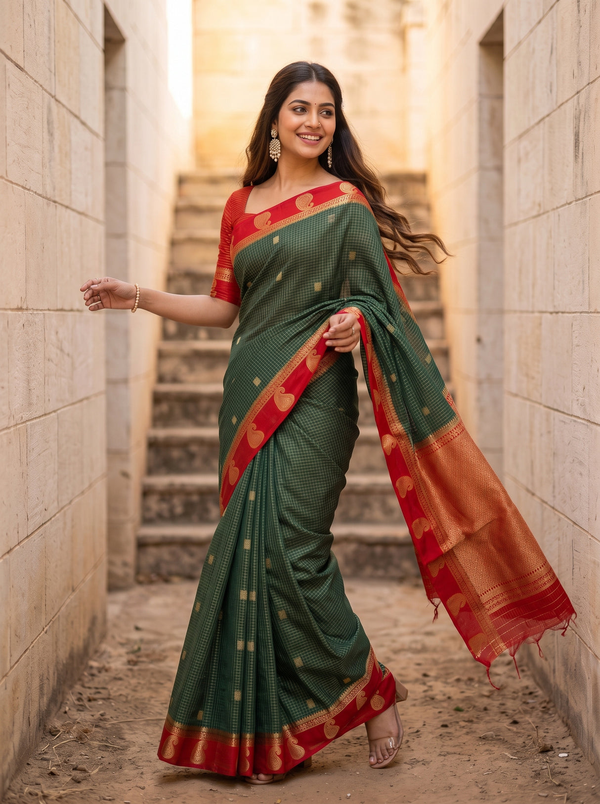 MIMOSA Bottle Green Saree Saree — pose 9 styling detail