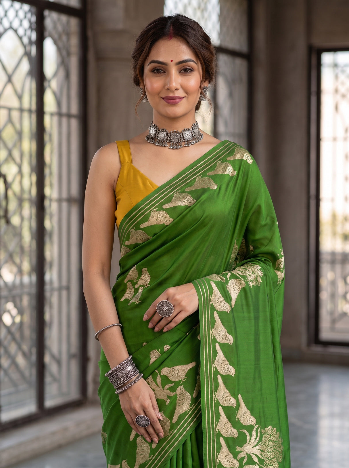 MIMOSA Olive Mysore Silk crepe Saree — pose 10 styling detail