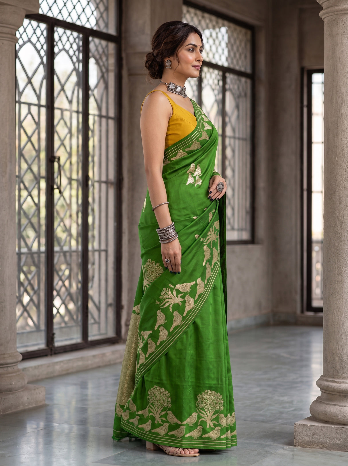 MIMOSA Olive Mysore Silk crepe Saree — pose 3 styling detail