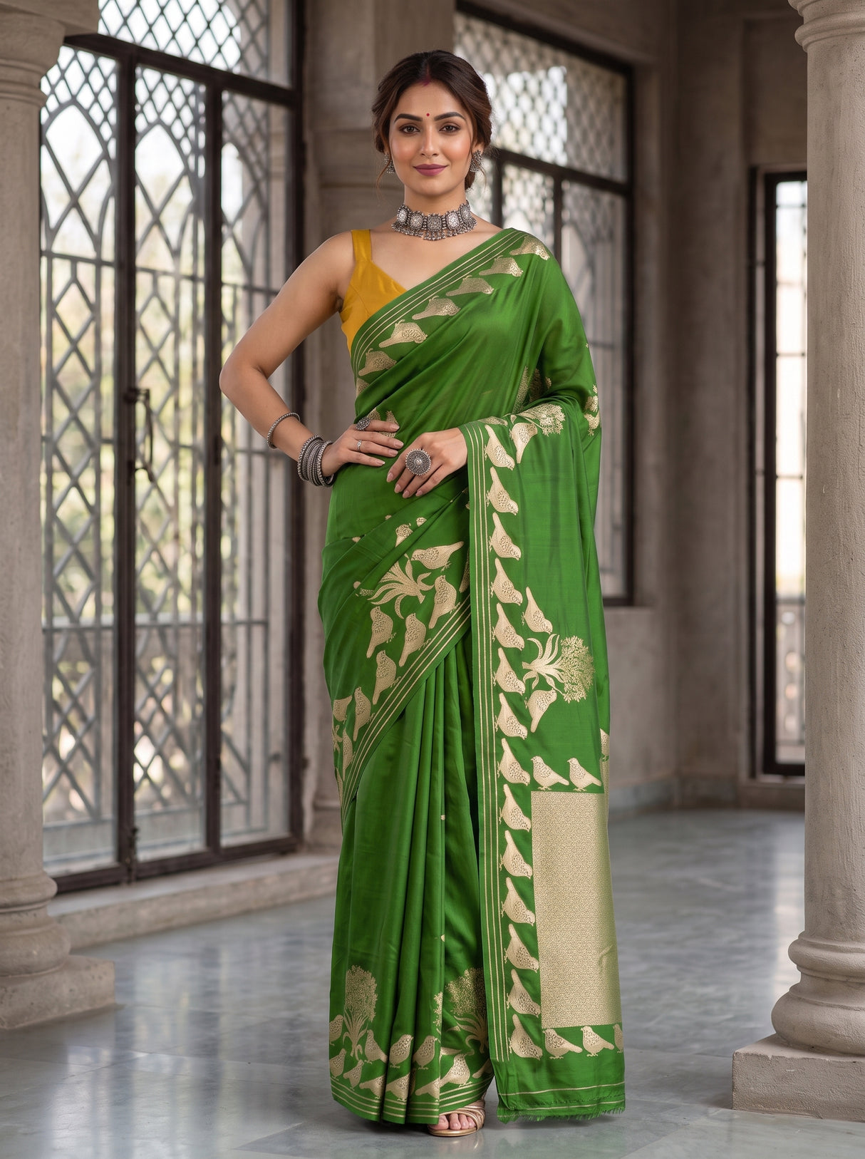 MIMOSA Olive Mysore Silk crepe Saree — pose 4 styling detail