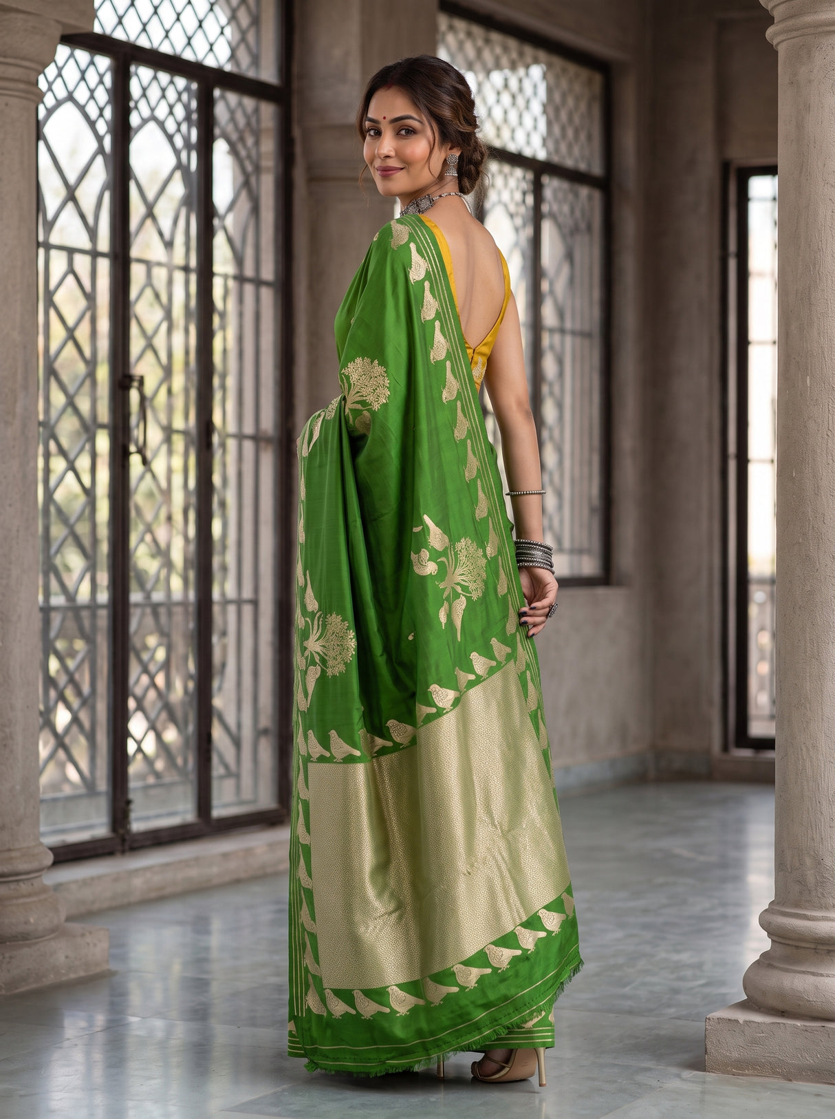 MIMOSA Olive Mysore Silk crepe Saree — pose 7 styling detail