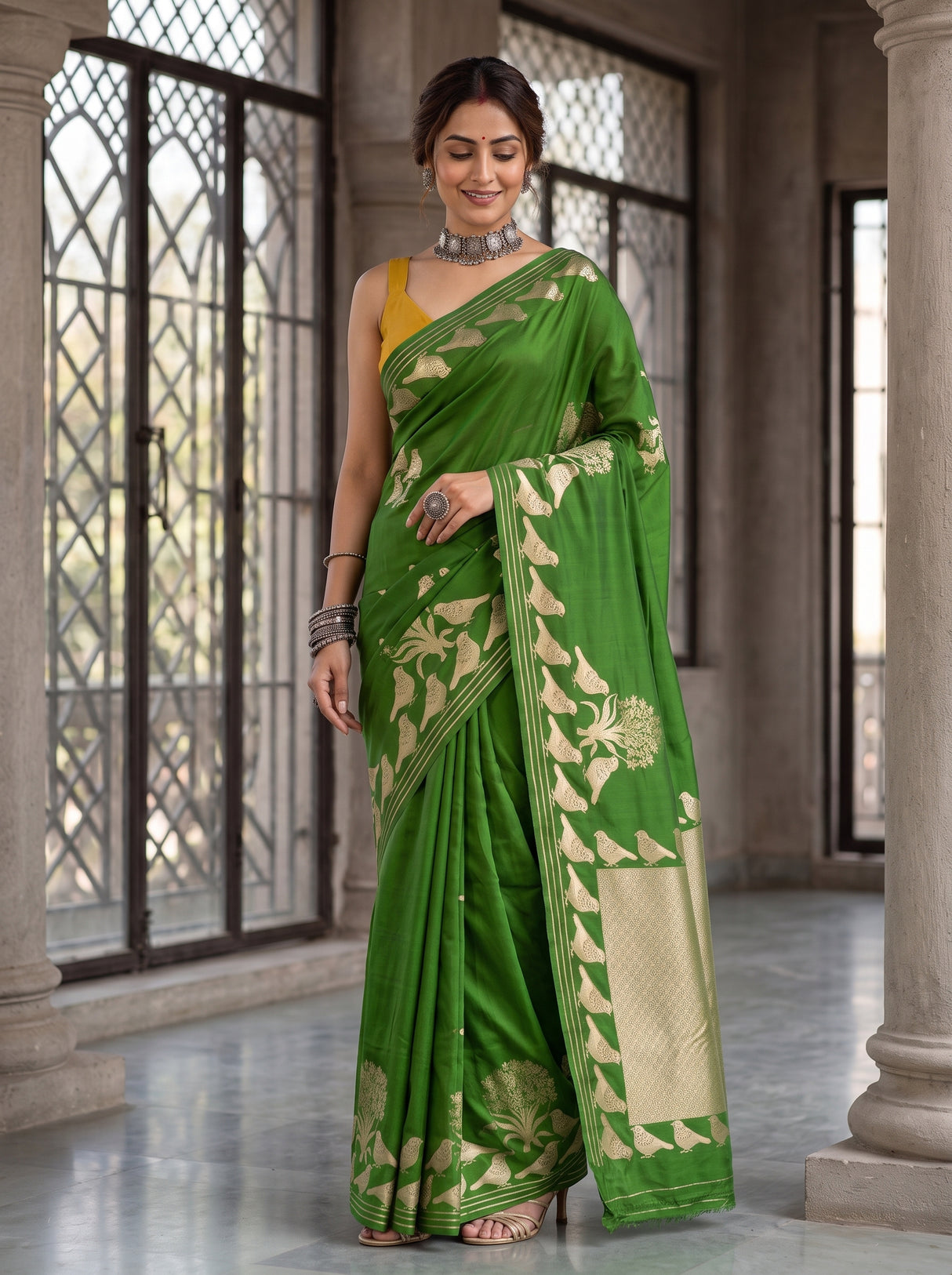 MIMOSA Olive Mysore Silk crepe Saree — pose 9 styling detail