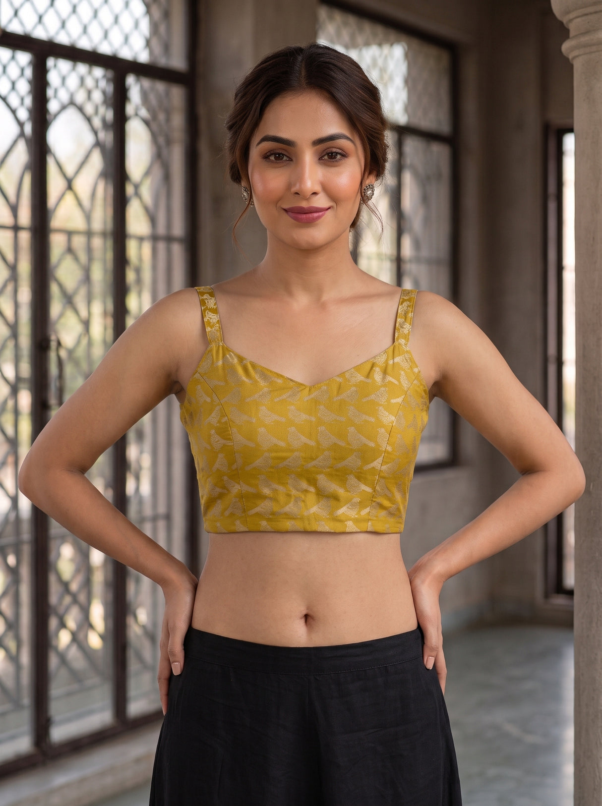MIMOSA Olive Mysore Silk crepe Saree — blouse close-up