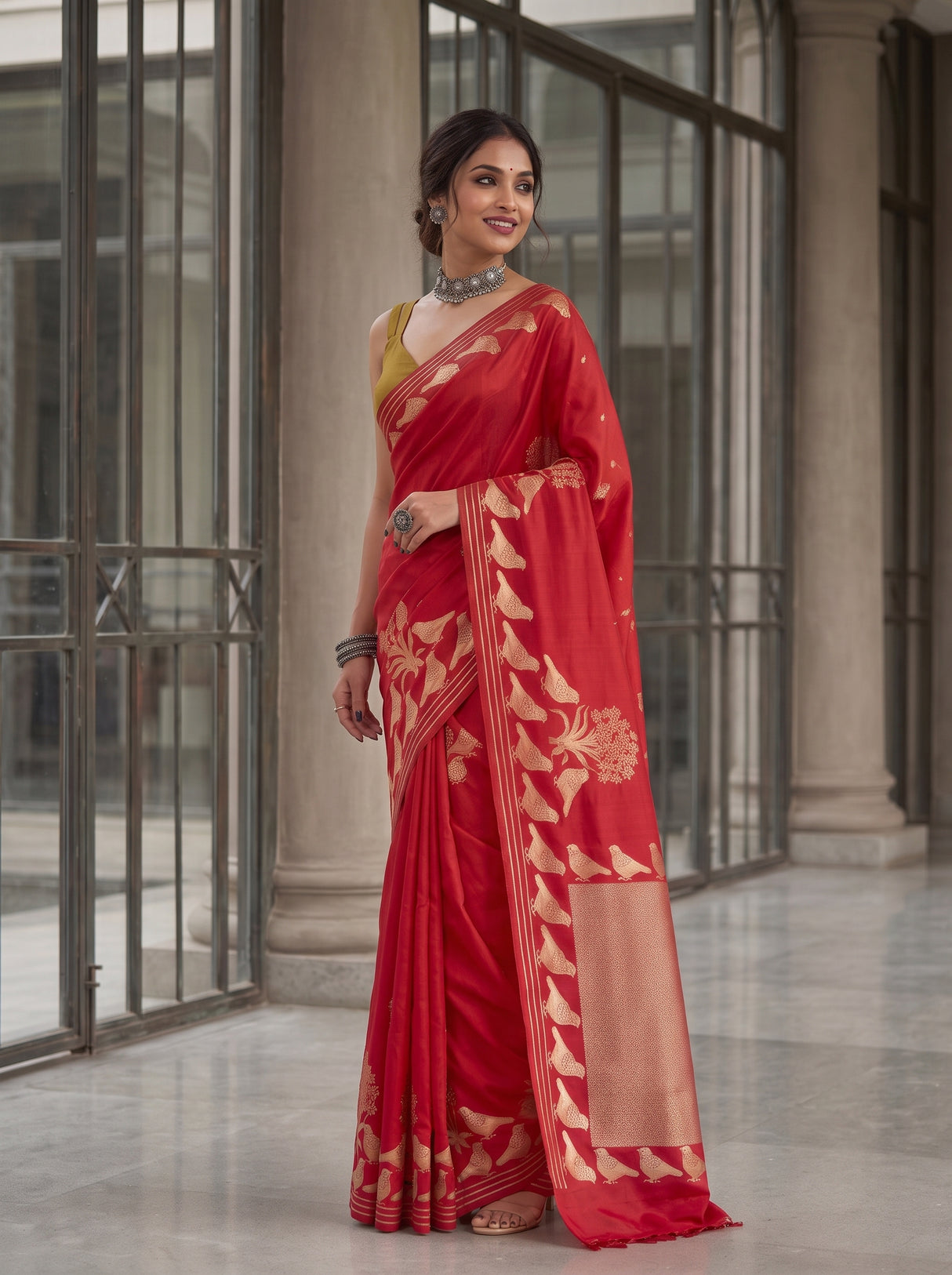 MIMOSA Red Mysore Silk crepe Saree — pose 5 styling detail
