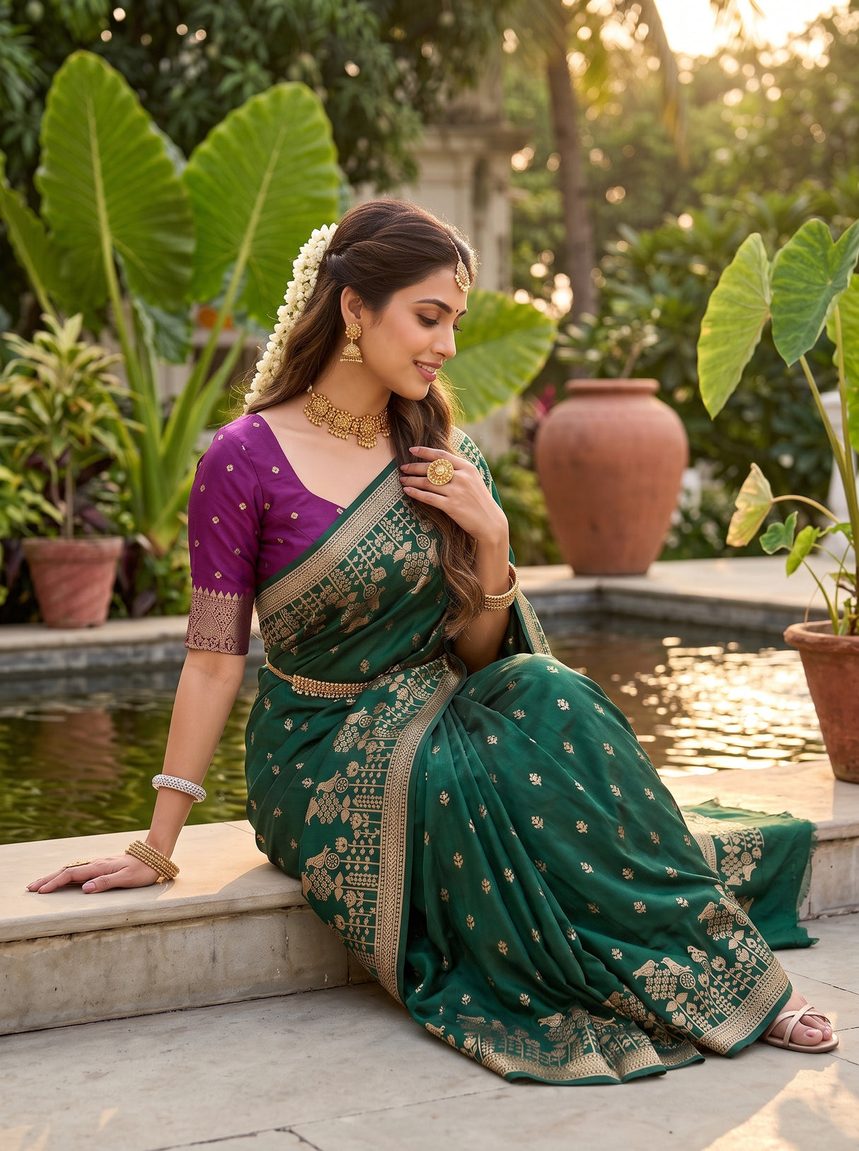 MIMOSA Bottle Green Saree Saree — pose 8 styling detail