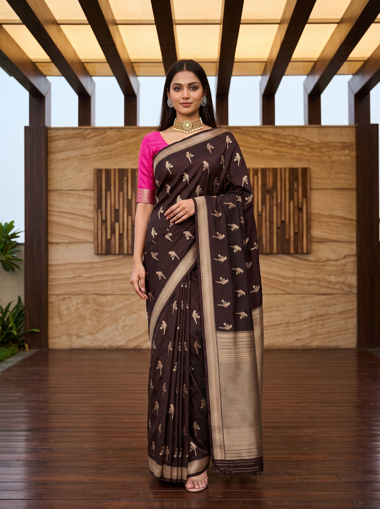 MIMOSA Chocolate Saree Saree — front view on mannequin