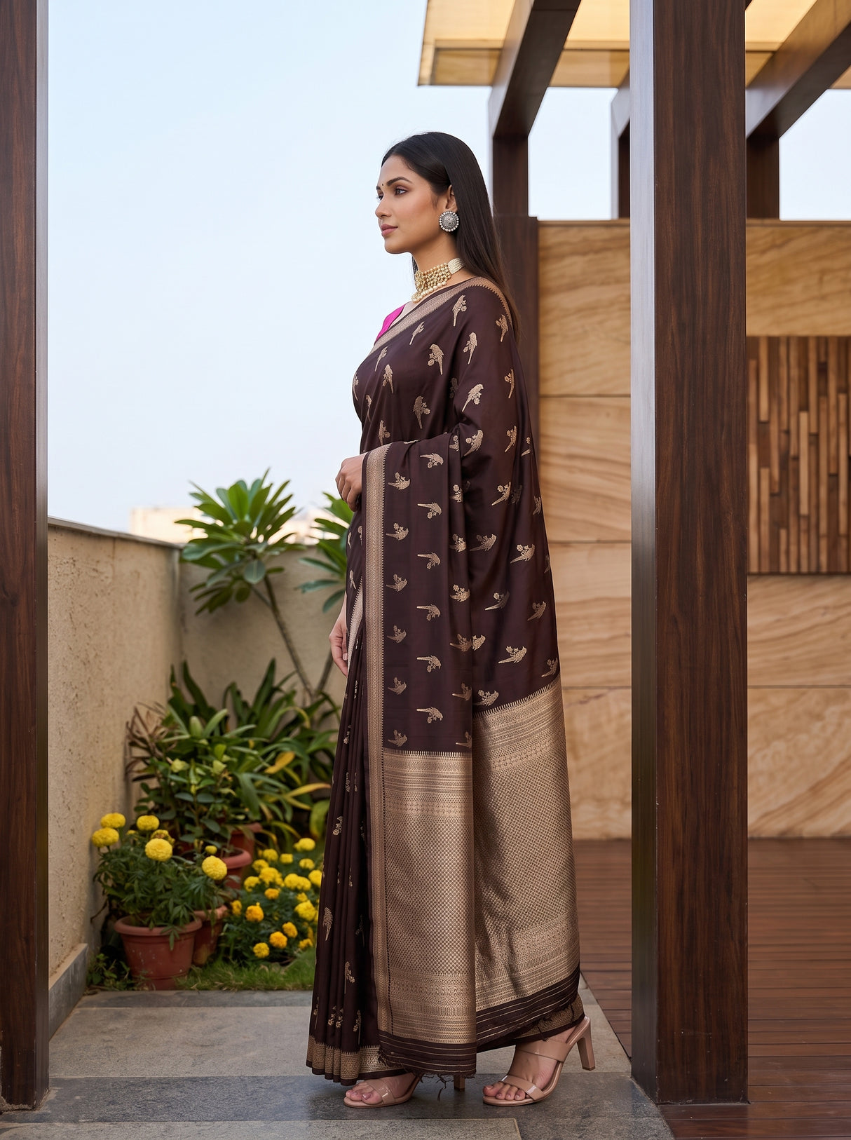 MIMOSA Chocolate Saree Saree — pose 3 styling detail