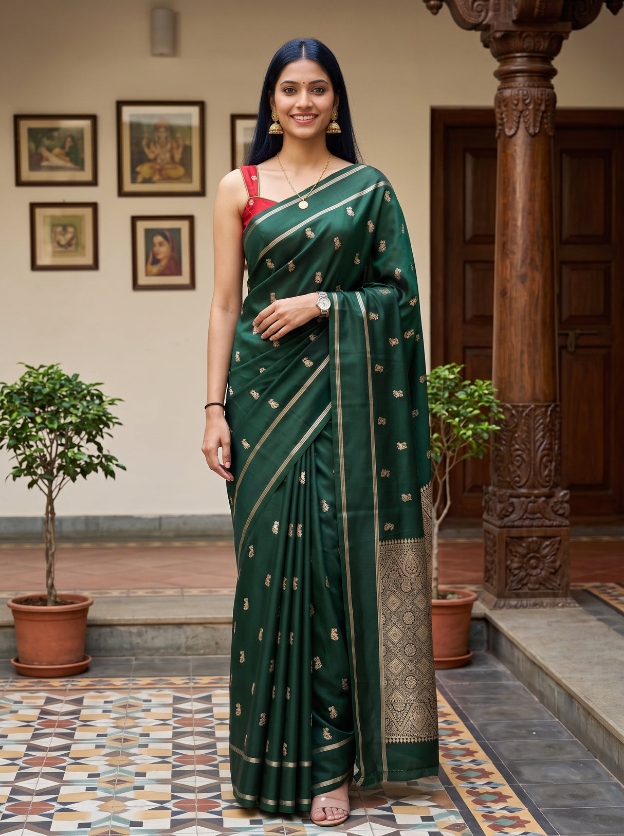 MIMOSA Bottle Green Mysore Silk crepe Saree — Full view of model wearing saree