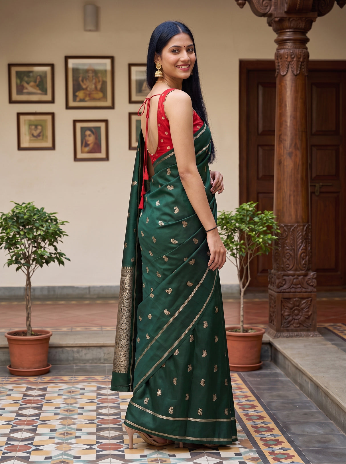 MIMOSA Bottle Green Saree Saree — pose 5 styling detail