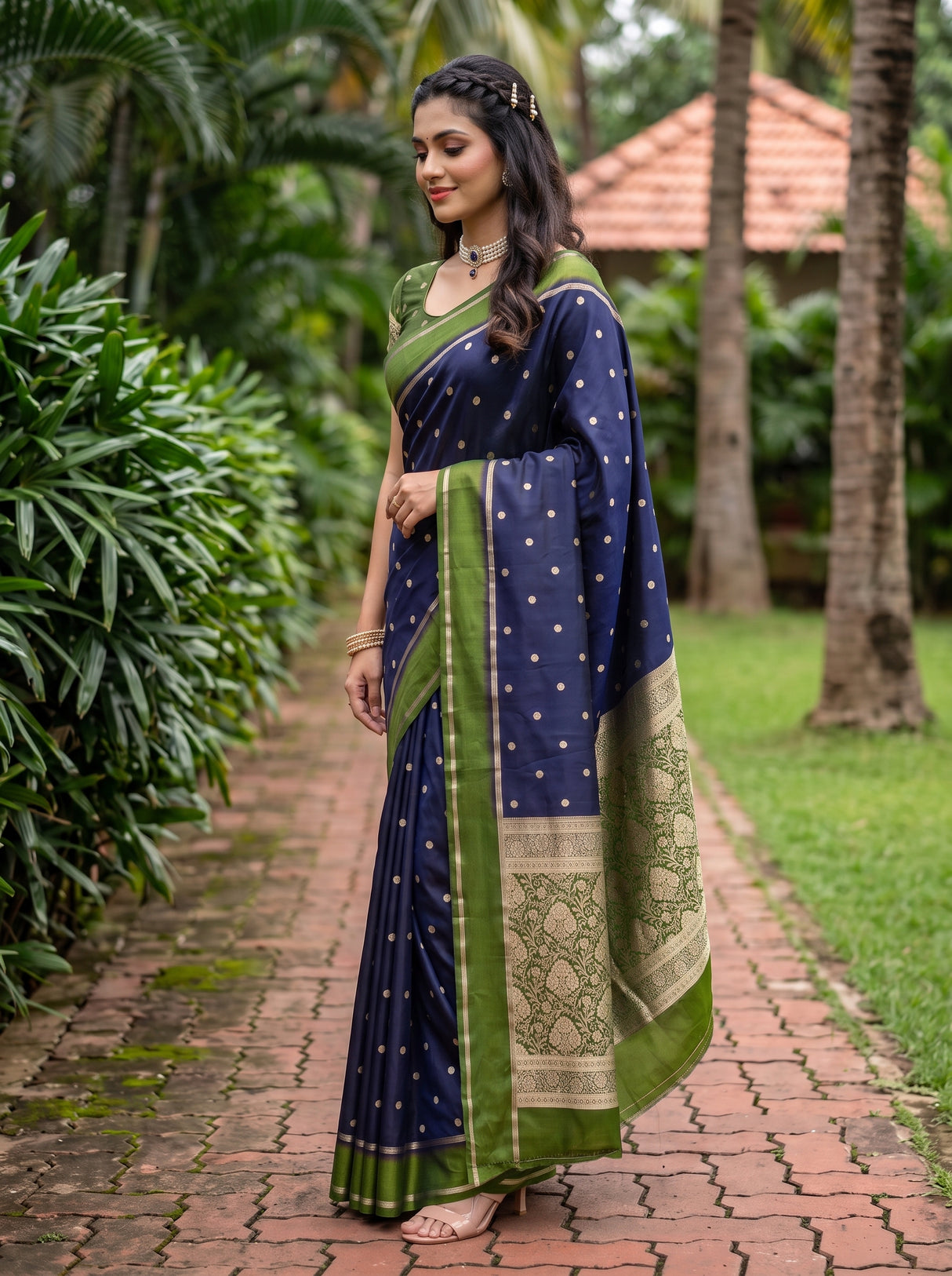 MIMOSA Navy Mysore Silk crepe Saree — Close up of saree and border detail