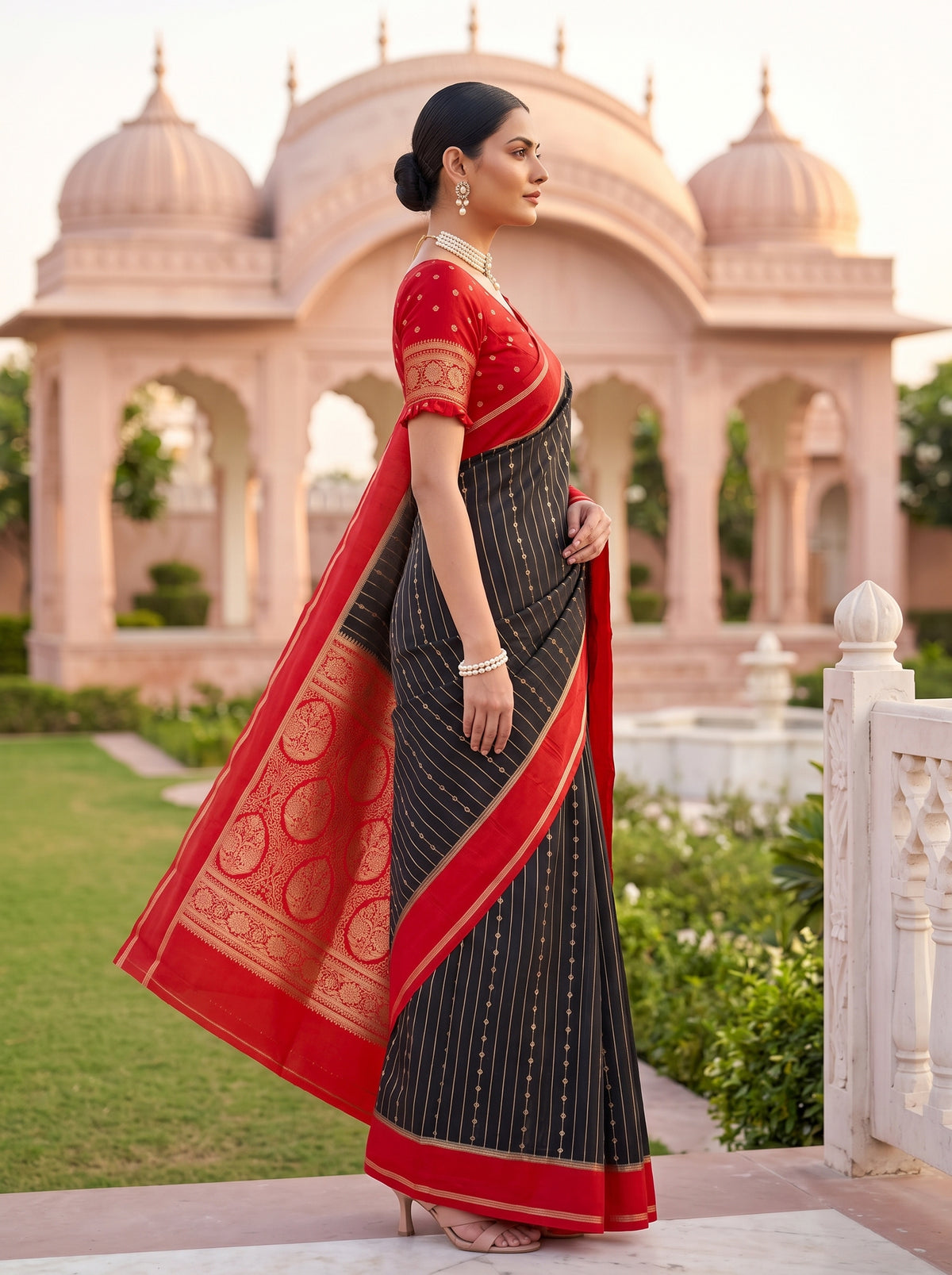 MIMOSA Black Mysore Silk Art Silk Saree — pose 3 styling detail