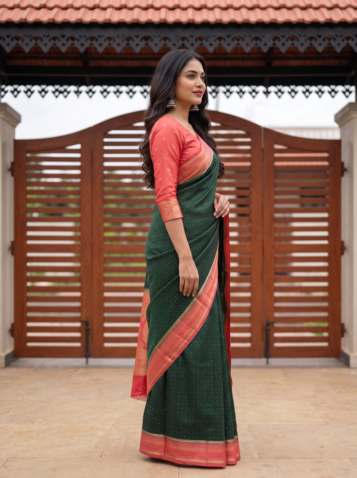 MIMOSA Bottle Green Saree Saree — pose 3 styling detail