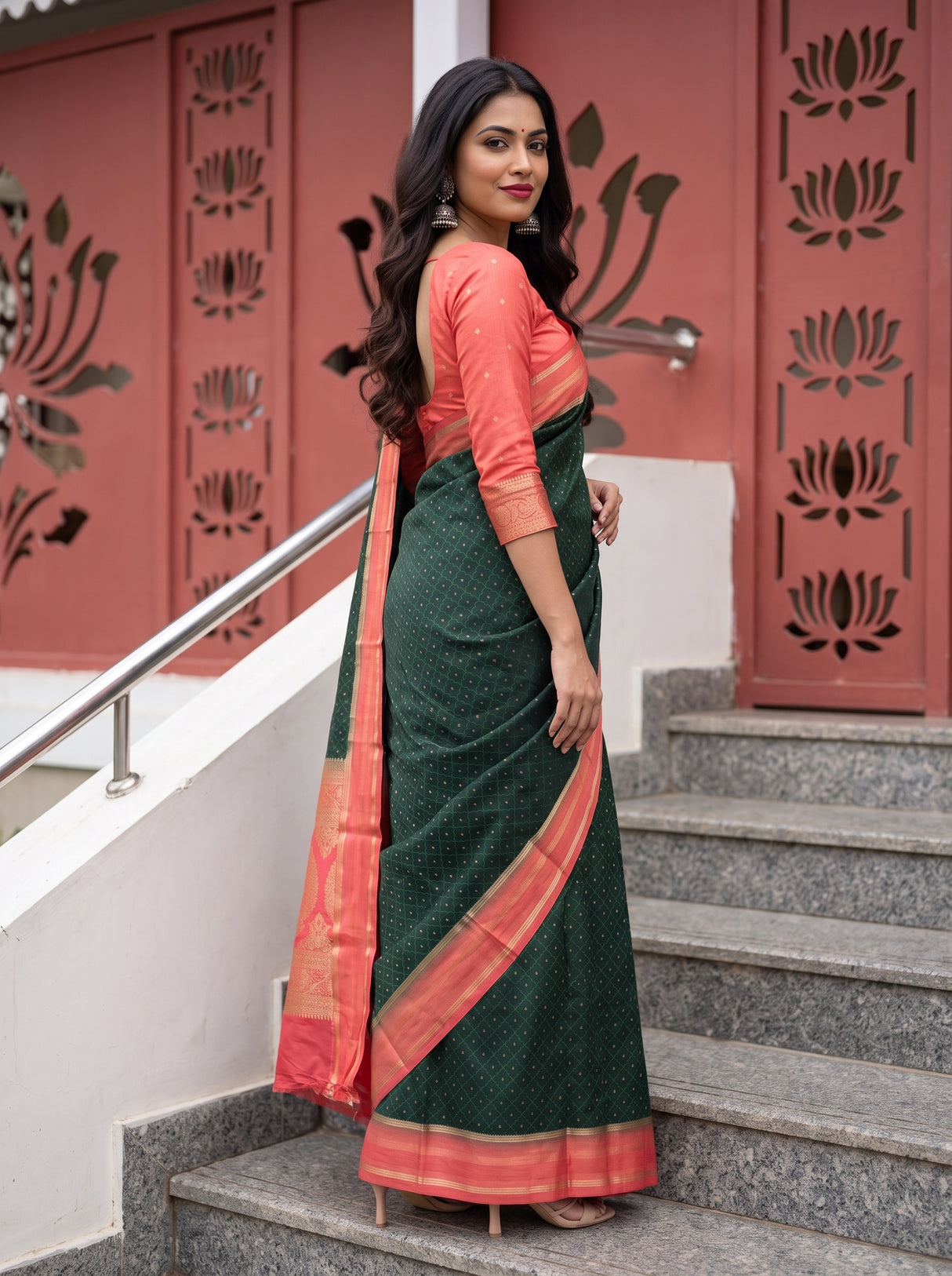 MIMOSA Bottle Green Saree Saree — pose 5 styling detail