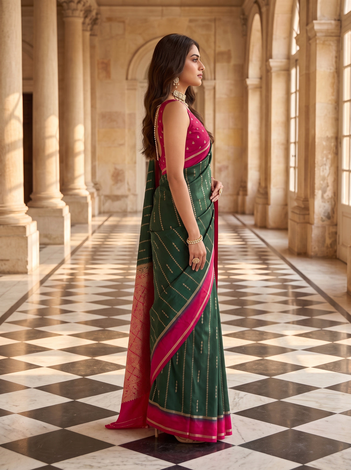 MIMOSA Bottle Green Saree Saree — pose 3 styling detail