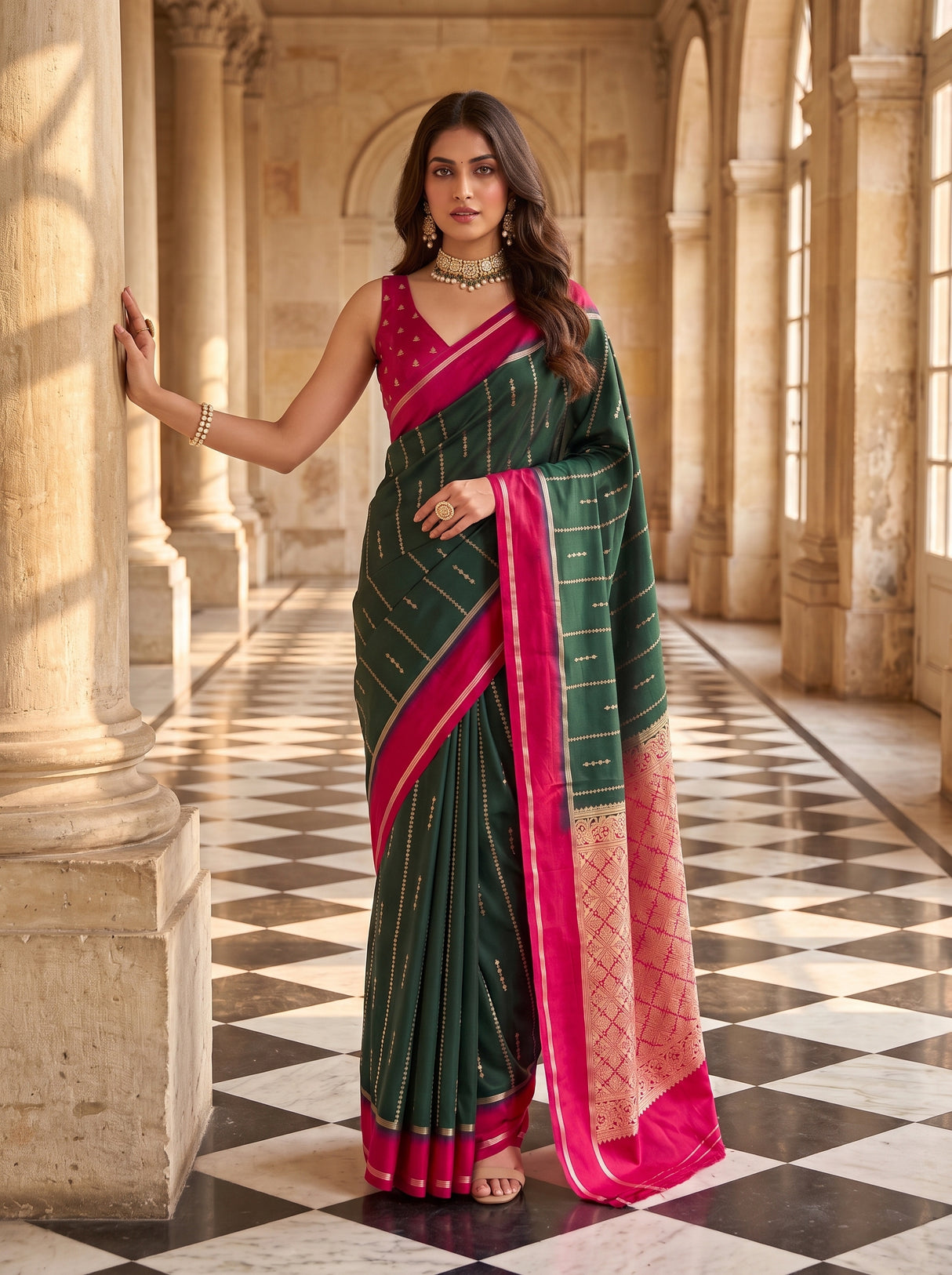 MIMOSA Bottle Green Saree Saree — pose 4 styling detail