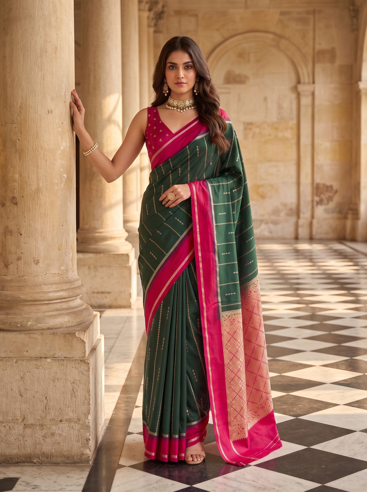 MIMOSA Bottle Green Saree Saree — pose 5 styling detail
