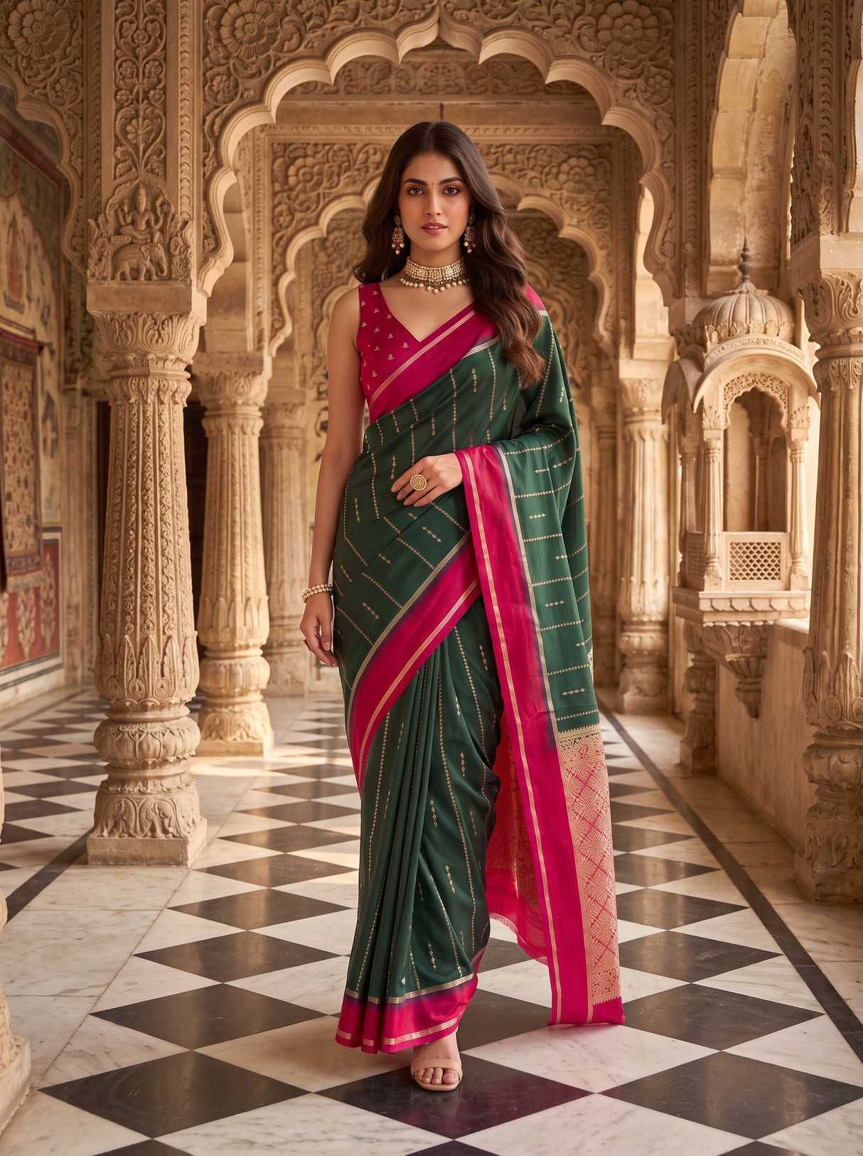 MIMOSA Bottle Green Saree Saree — pose 7 styling detail