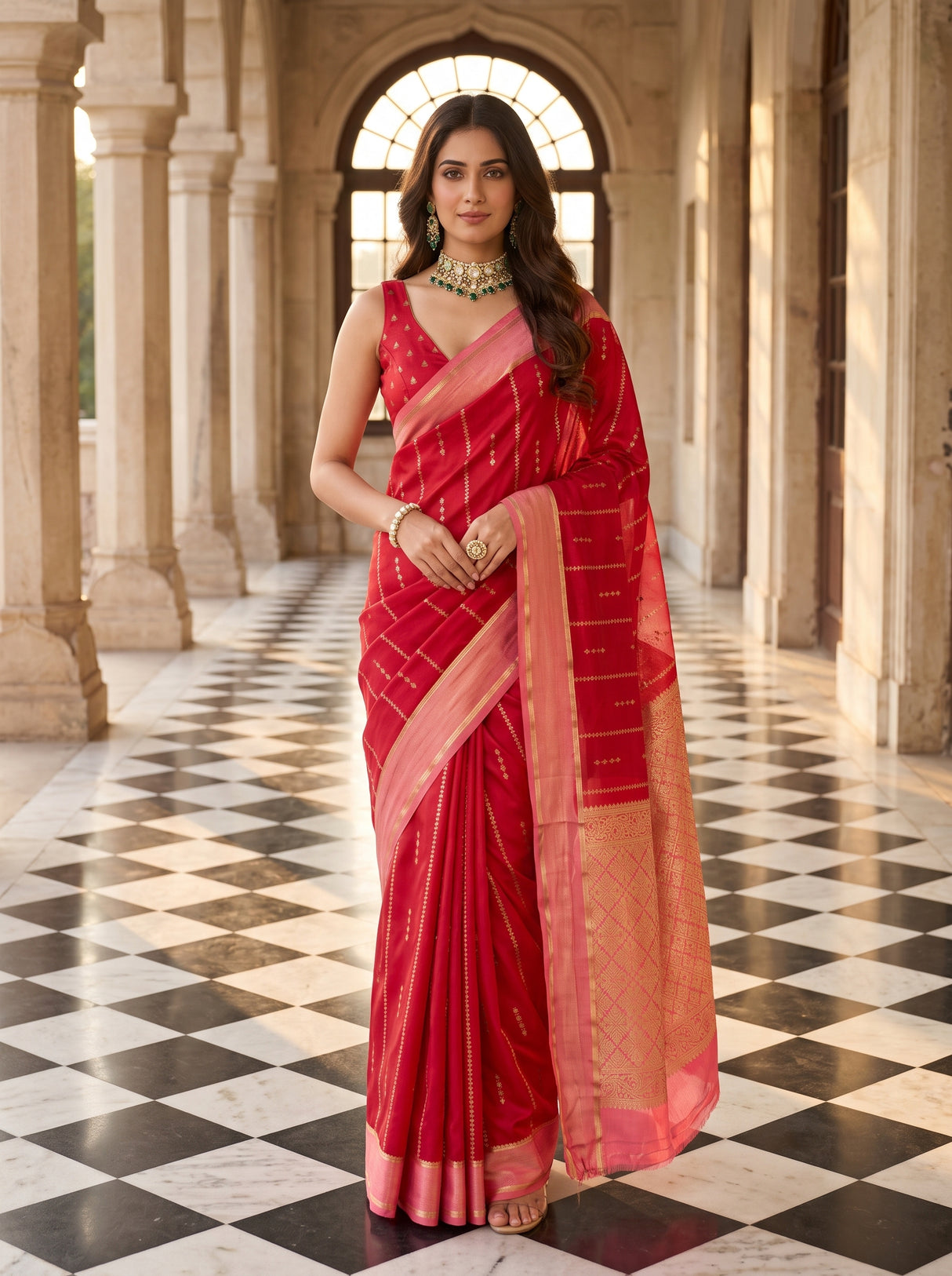 MIMOSA Red Saree Saree — front view on mannequin