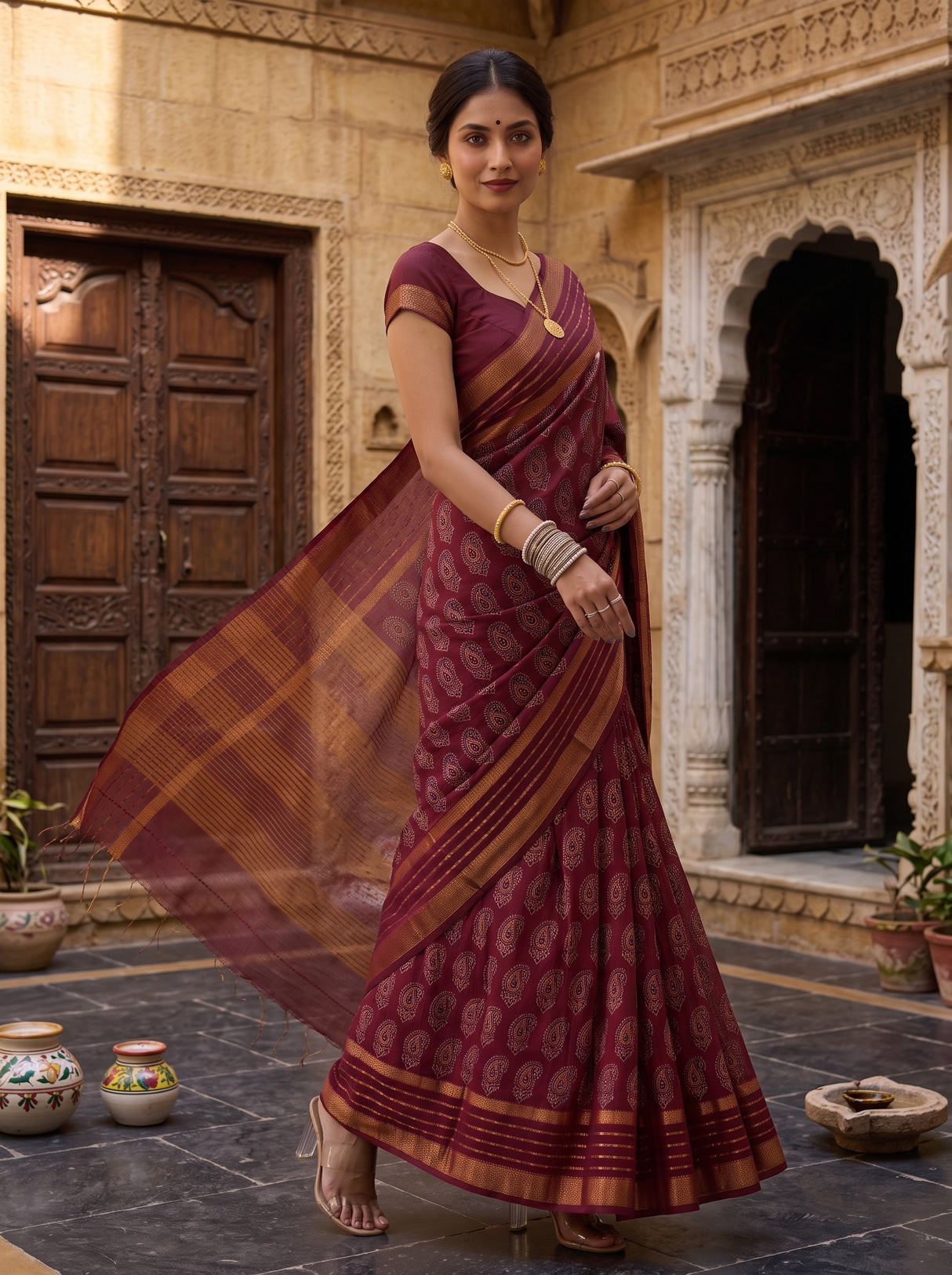 MIMOSA Maroon Saree Saree — pose 9 styling detail
