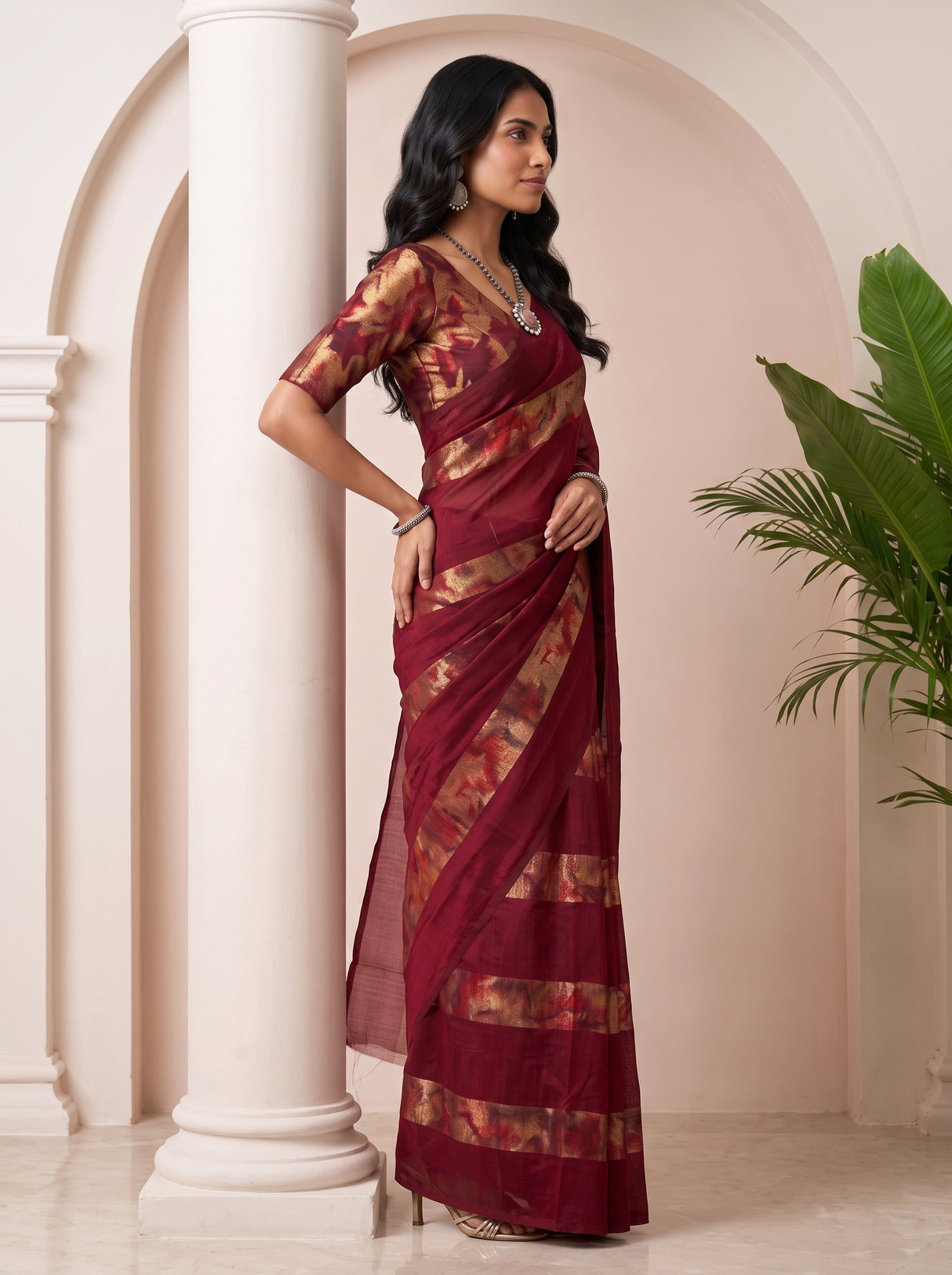 MIMOSA Maroon Saree Saree — pose 3 styling detail