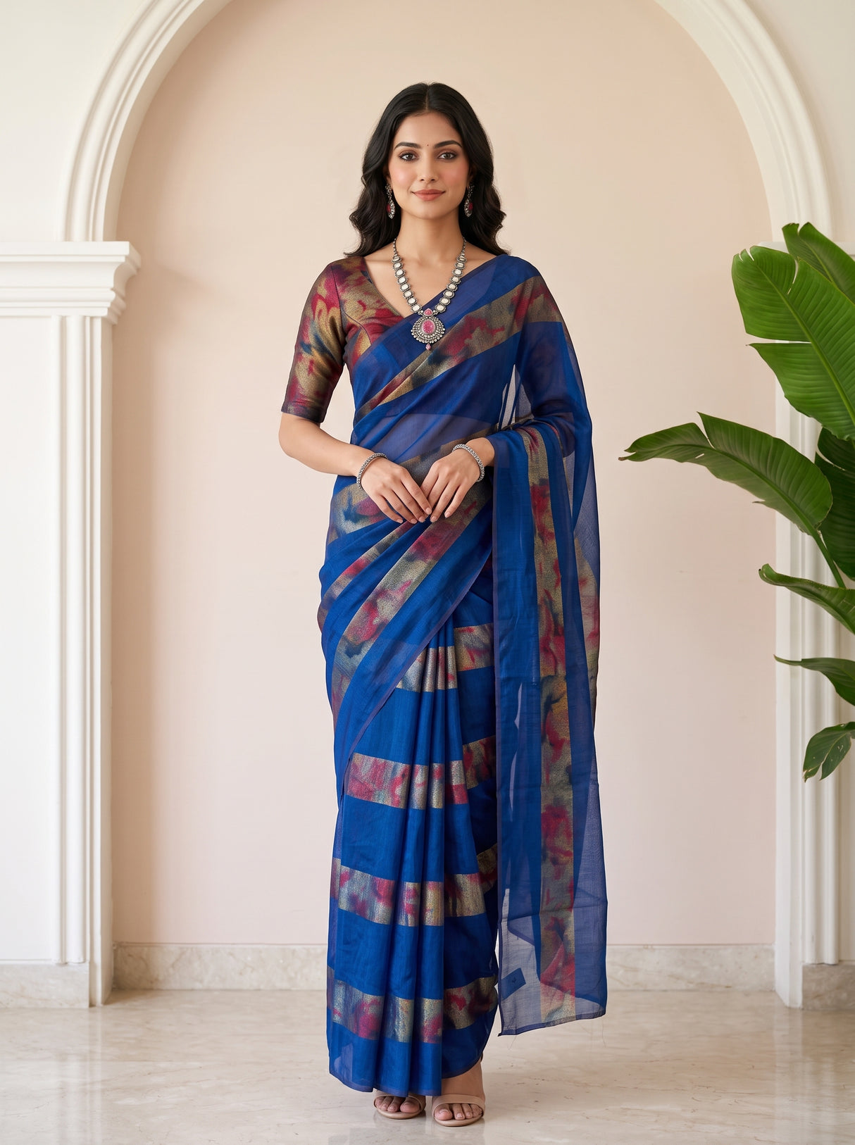 MIMOSA Navy Saree Saree — front view on mannequin