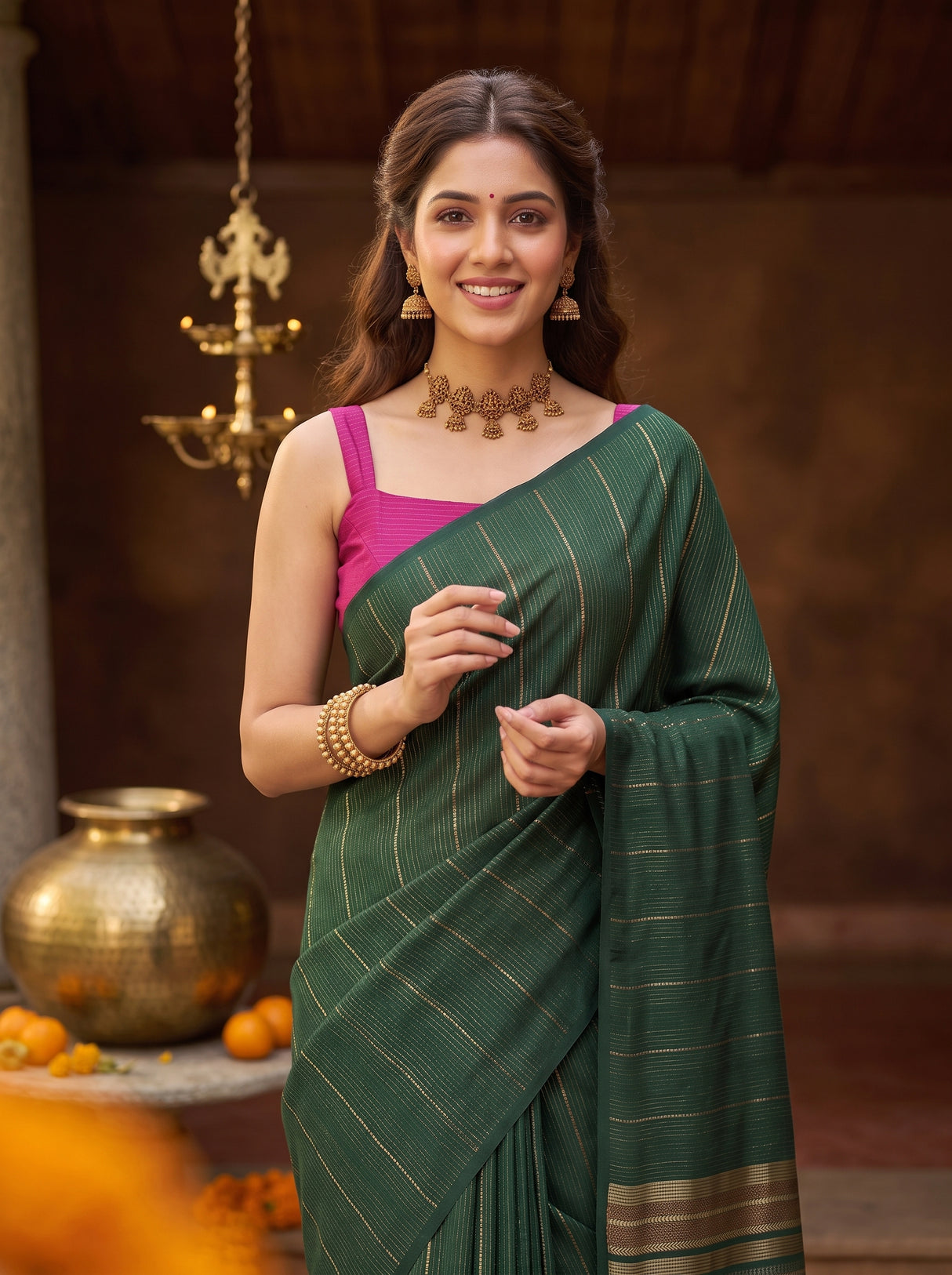 MIMOSA Bottle Green Saree Saree — pose 10 styling detail