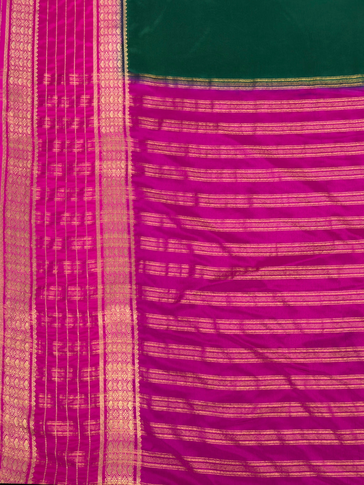 MIMOSA Bottle Green Mysore Silk crepe Saree — Saree pleats detail