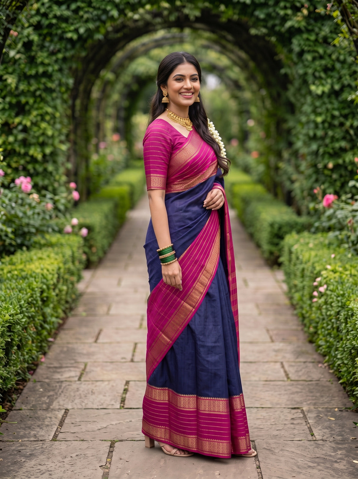 MIMOSA Navy Mysore Silk crepe Saree — Close-up face