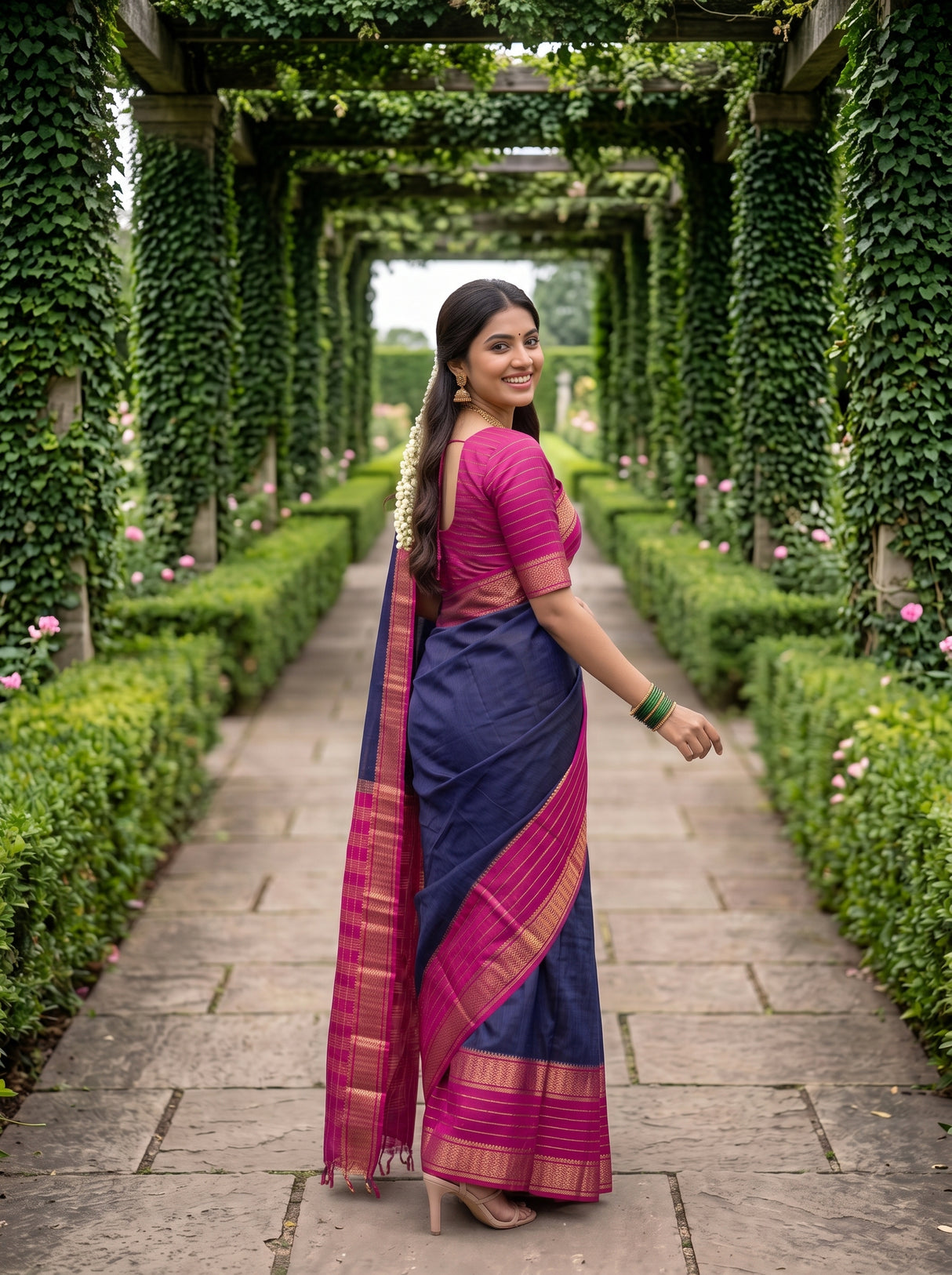 MIMOSA Navy Mysore Silk crepe Saree — Model hand detail