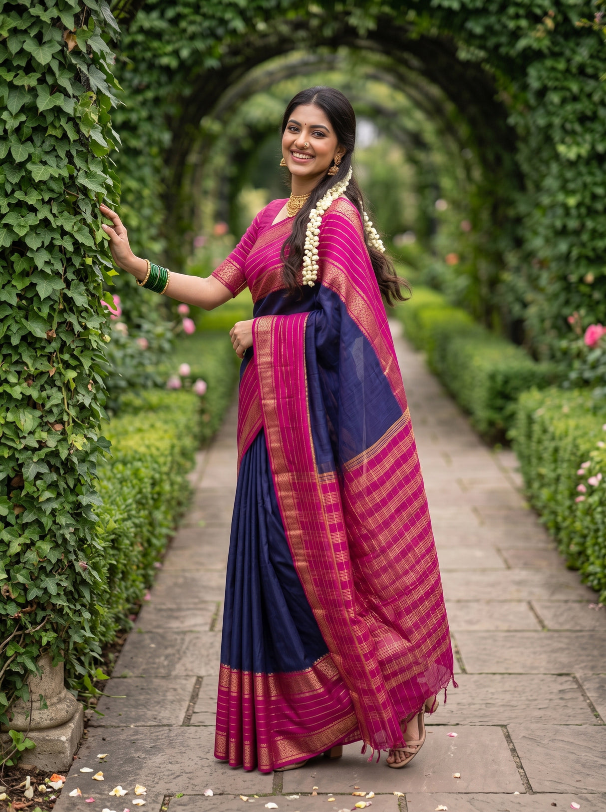 MIMOSA Navy Mysore Silk crepe Saree — Model feet detail