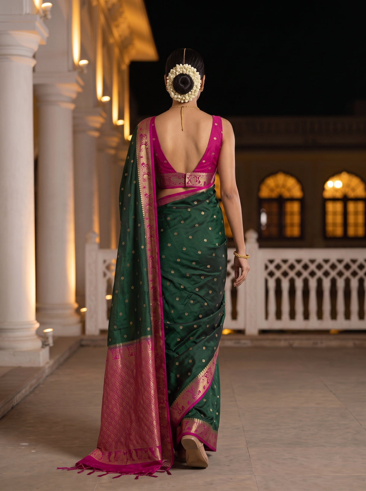MIMOSA Bottle Green Saree Saree — pose 2 styling detail