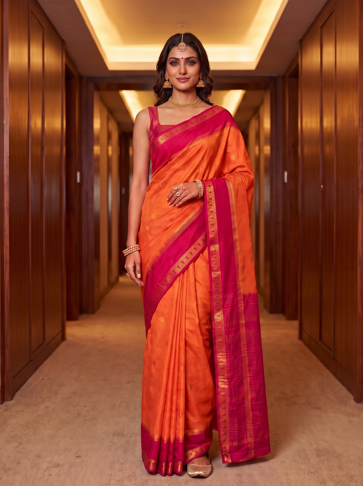 MIMOSA Peach Saree Saree — front view on mannequin