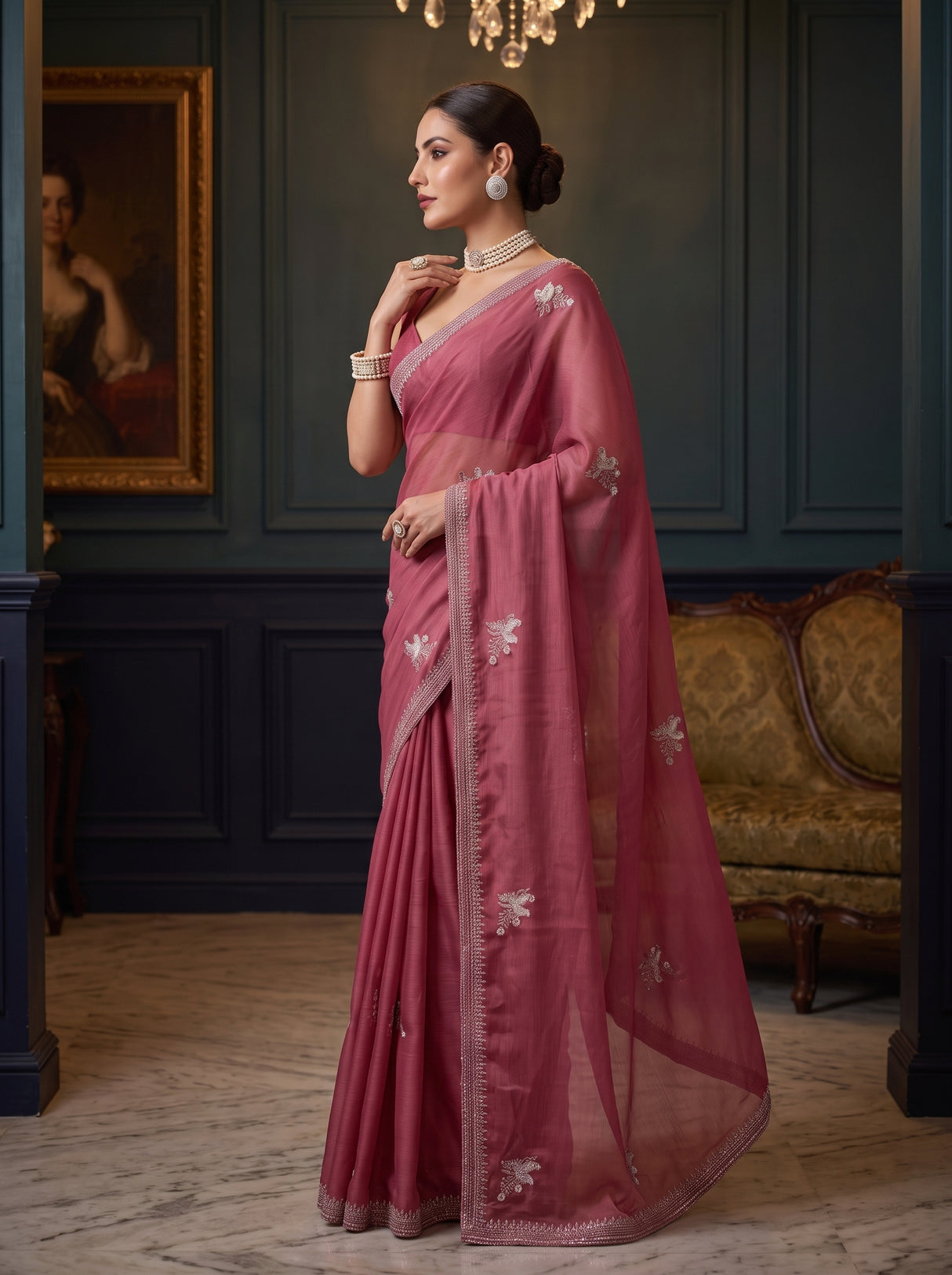 MIMOSA Gajari Banarasi chiffon Saree — pose 3 styling detail