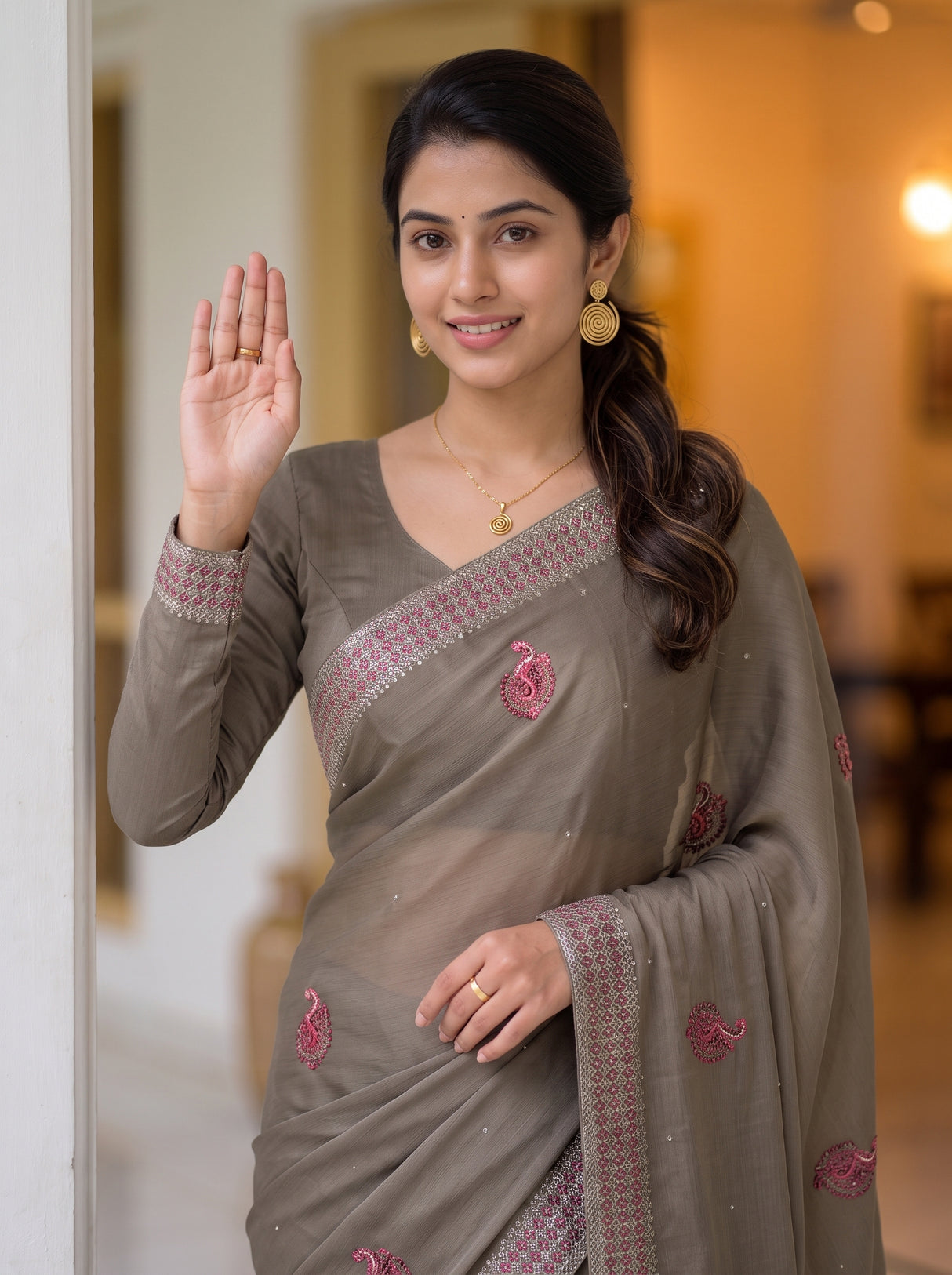 MIMOSA Pista Saree Saree — pose 10 styling detail