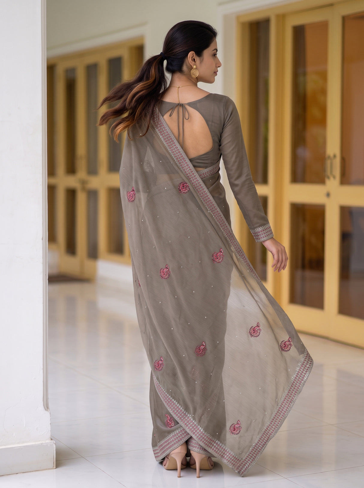 MIMOSA Pista Saree Saree — pose 2 styling detail