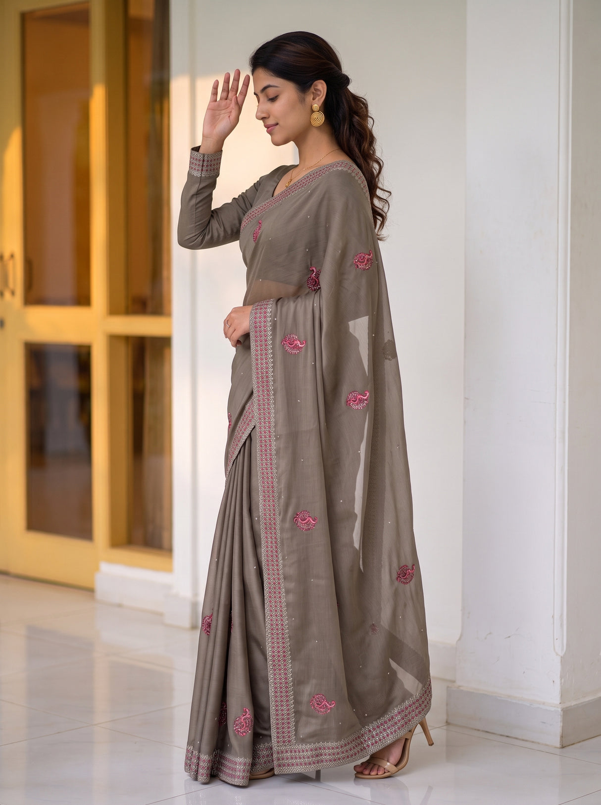 MIMOSA Pista Saree Saree — pose 3 styling detail