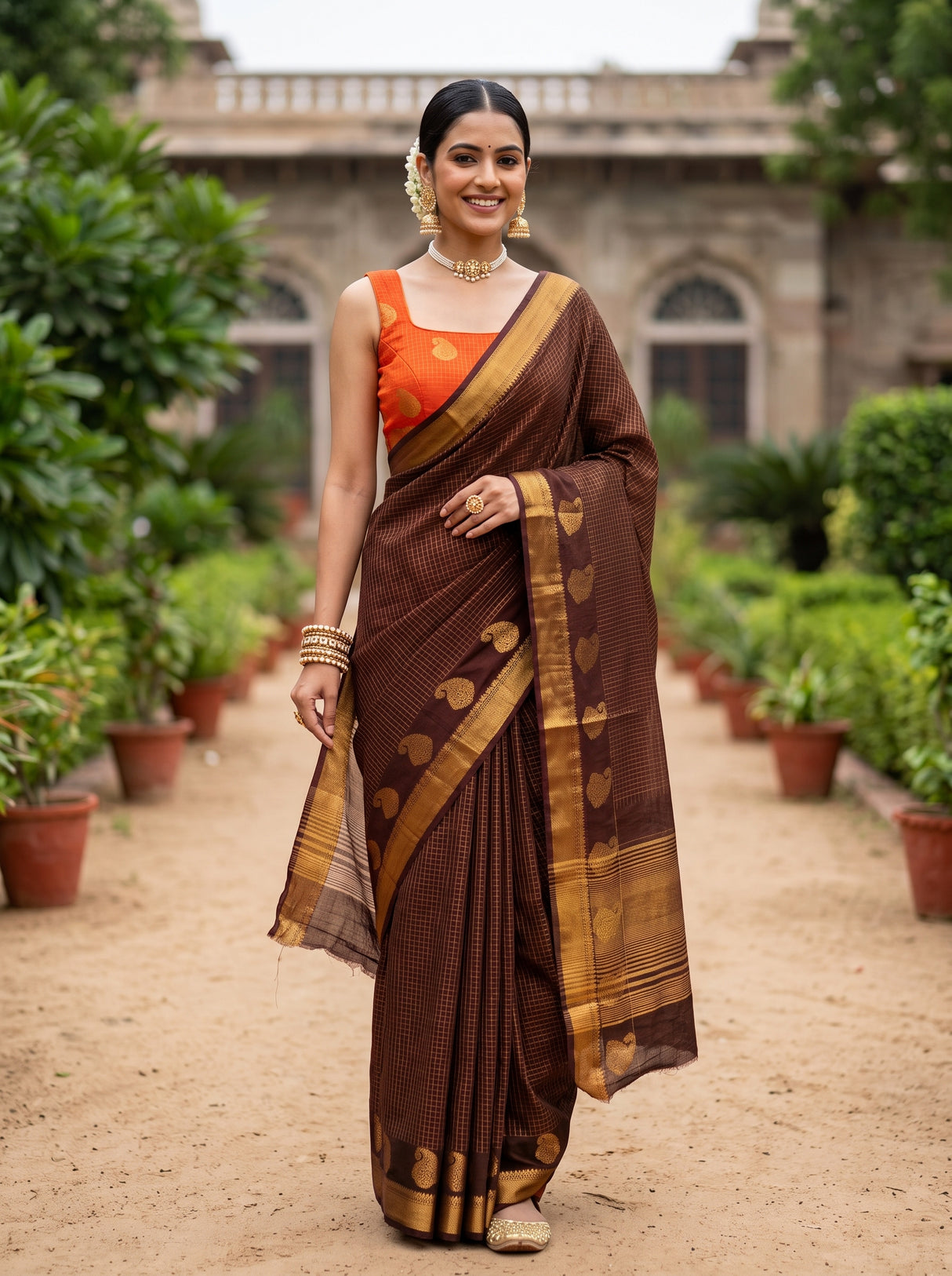 MIMOSA Chocolate Kanjivaram Art Silk Saree — Model lifestyle pose