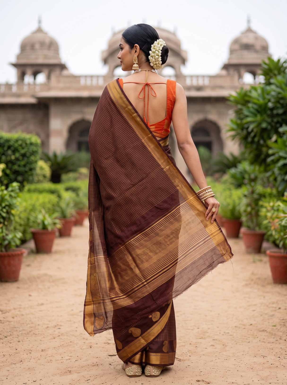MIMOSA Chocolate Kanjivaram Art Silk Saree — Saree pallu and body shot