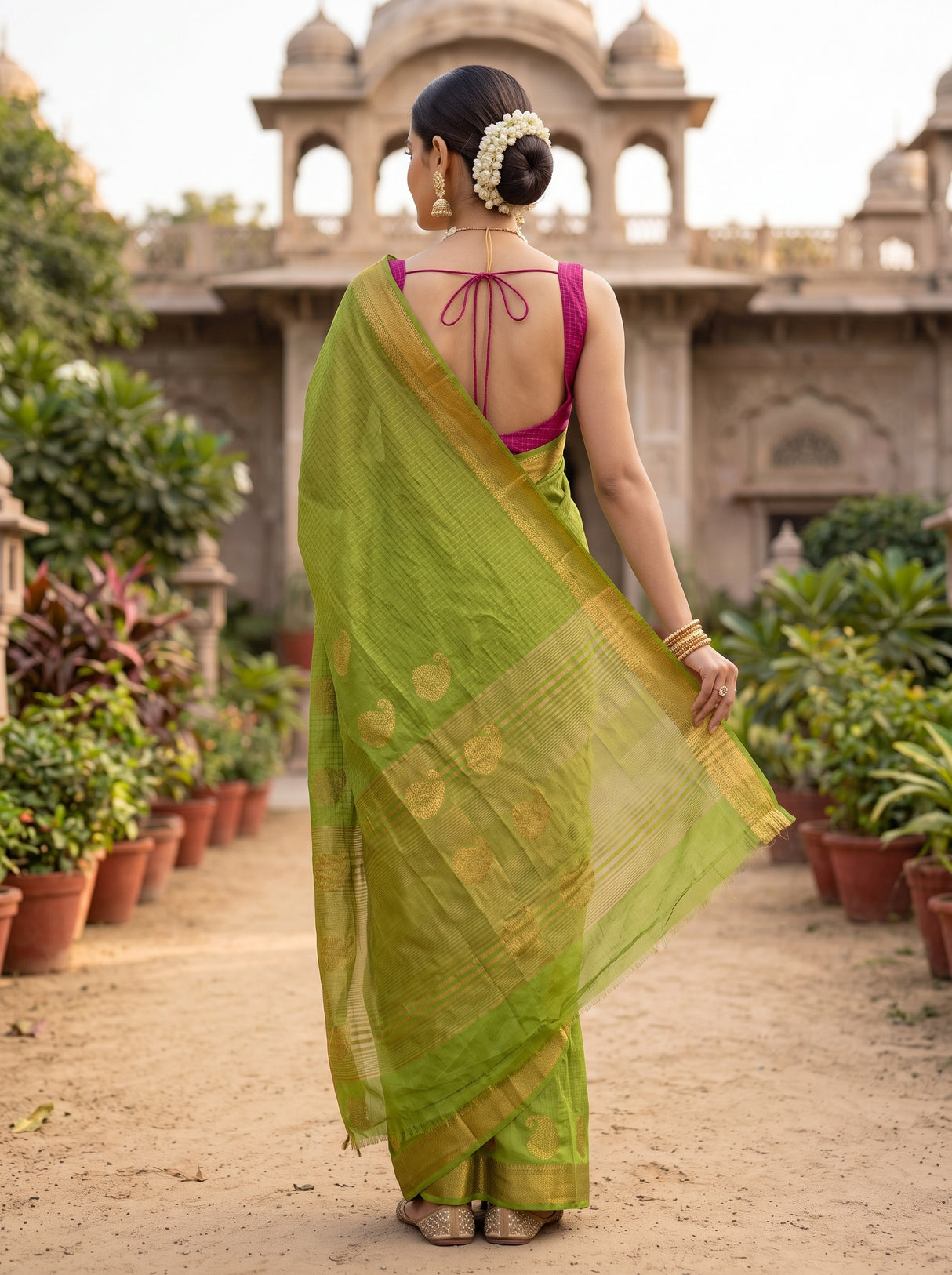 MIMOSA Olive Kanjivaram Art Silk Saree — Saree pallu and body shot