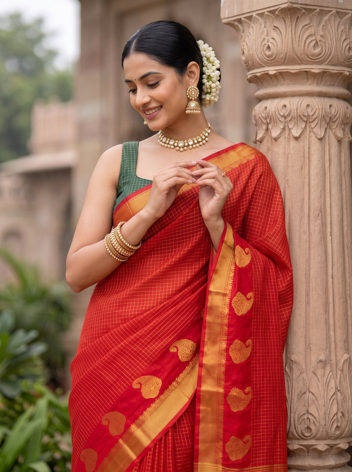 MIMOSA Red Saree Saree — pose 10 styling detail