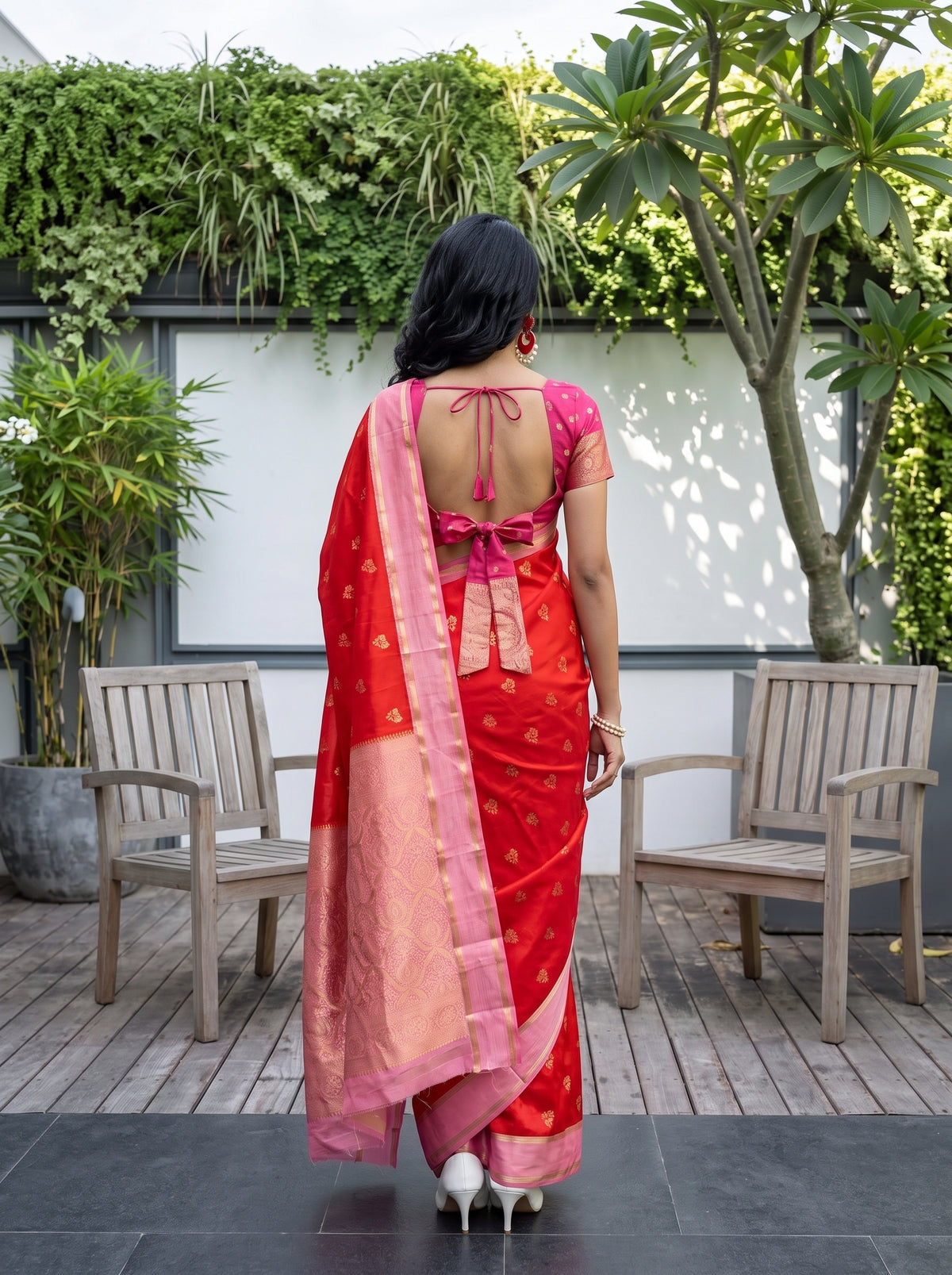 MIMOSA Orange Mysore Silk Saree — pose 2 styling detail