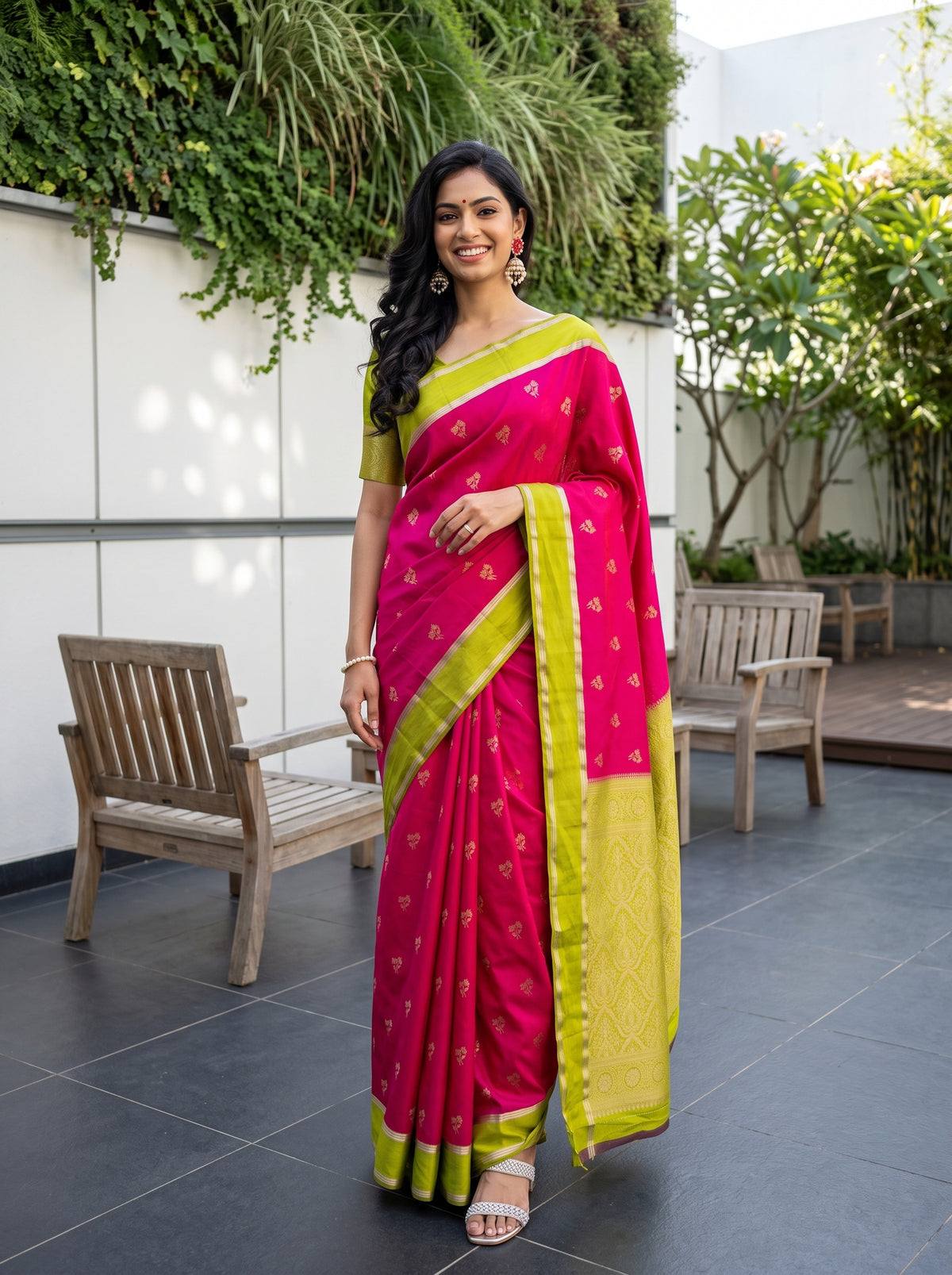 MIMOSA Rani Mysore Silk Saree — front view on mannequin
