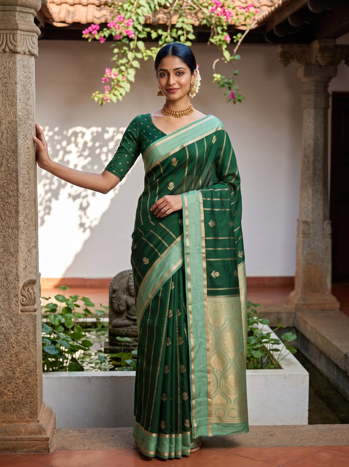 MIMOSA Bottle Green Mysore Silk Saree — front view on mannequin