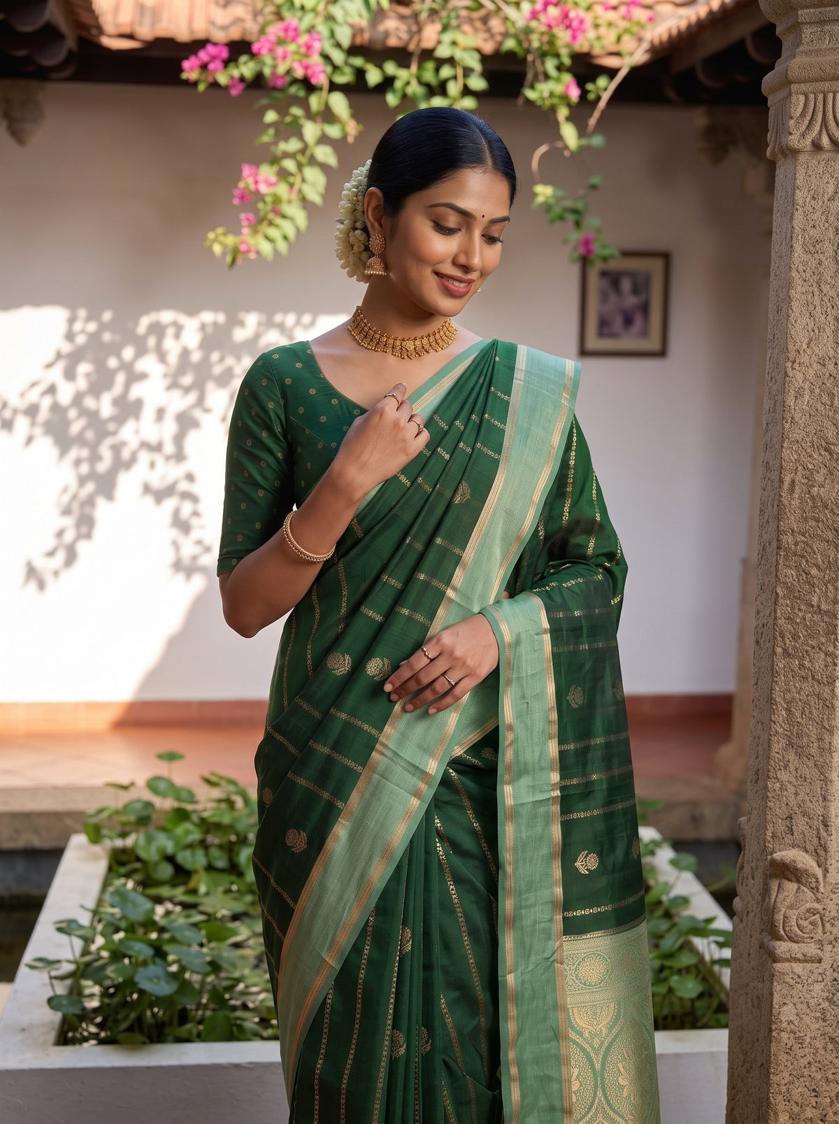 MIMOSA Bottle Green Mysore Silk Saree — pose 10 styling detail