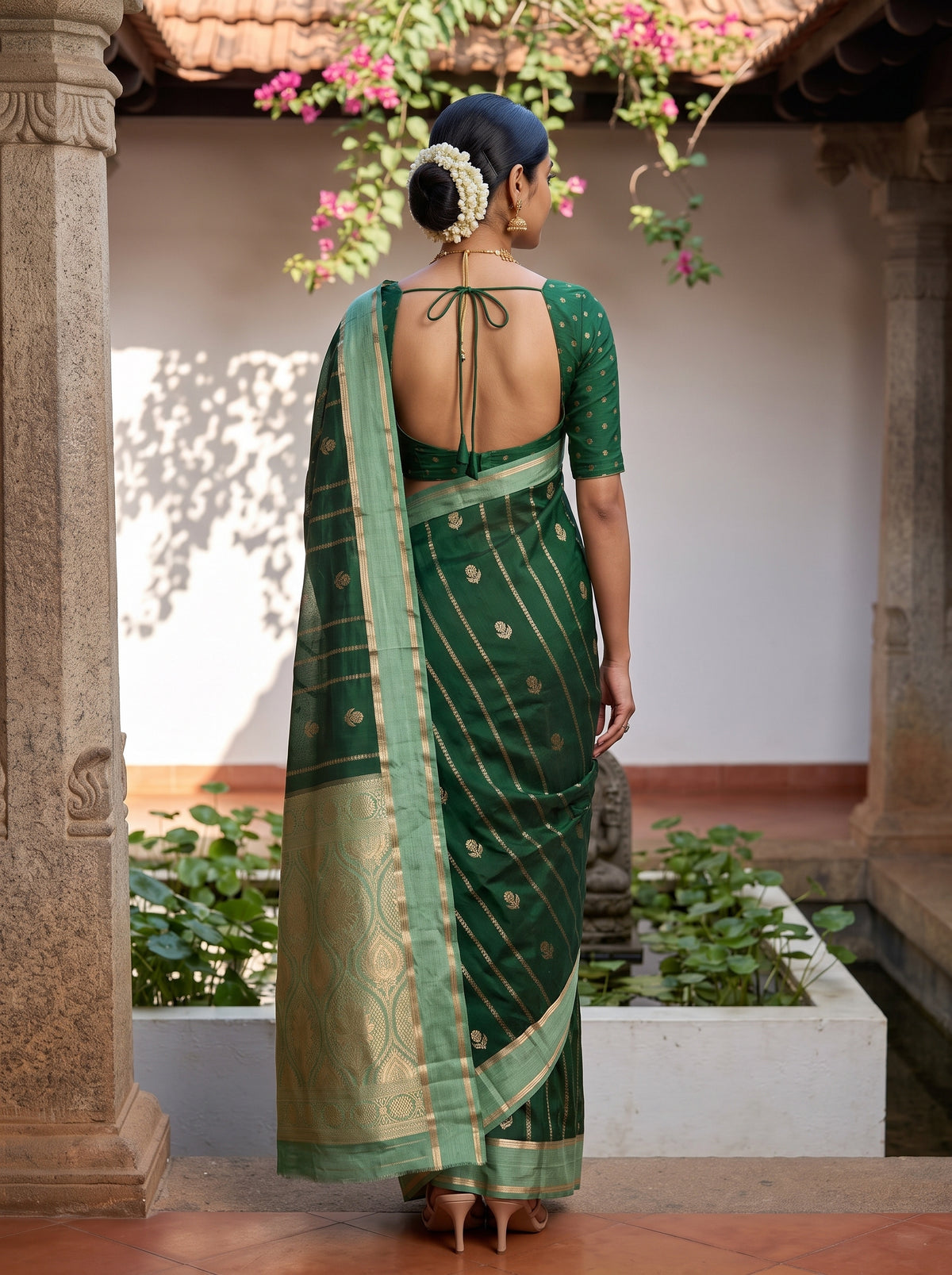 MIMOSA Bottle Green Mysore Silk Saree — pose 2 styling detail