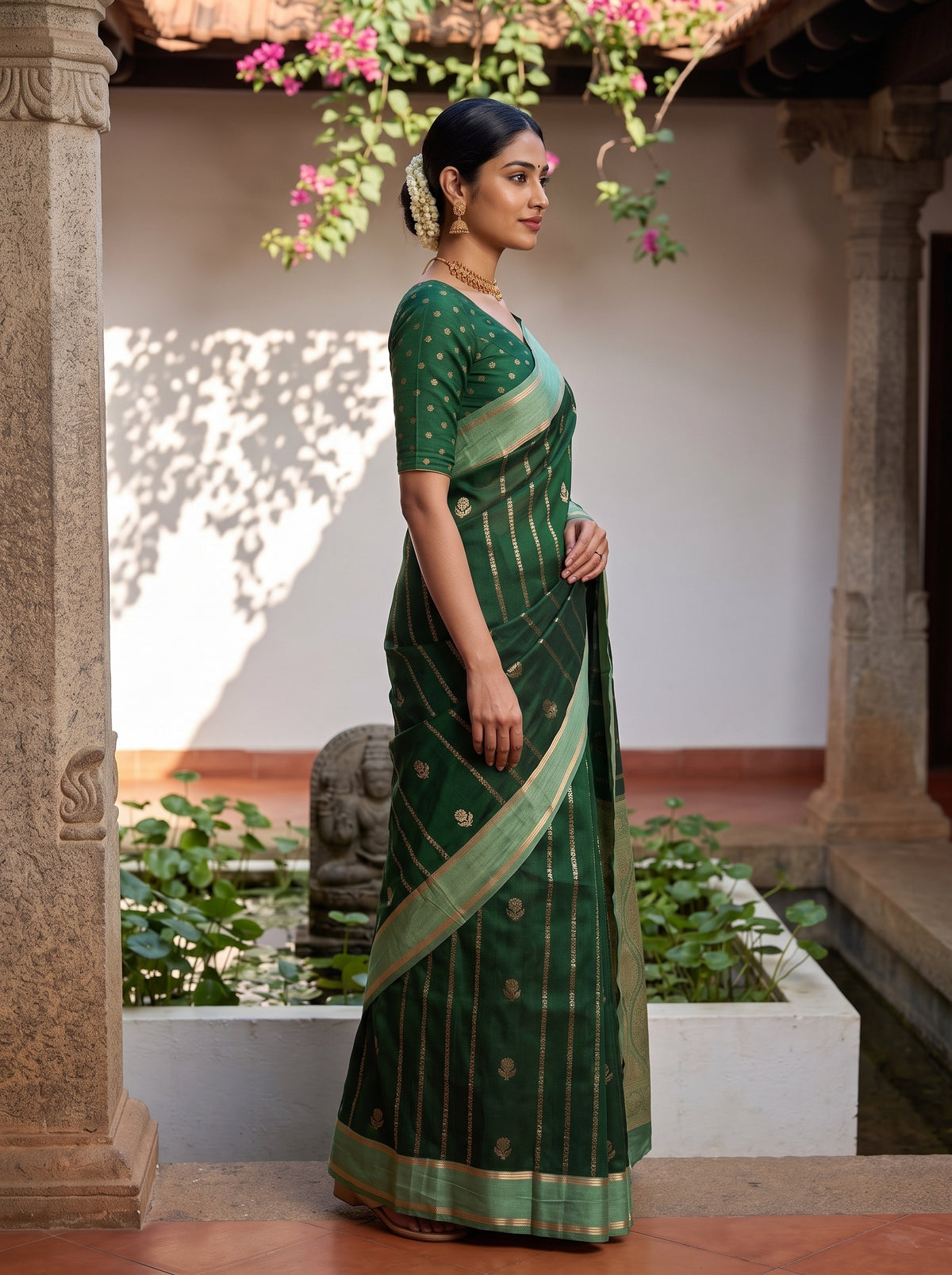 MIMOSA Bottle Green Mysore Silk Saree — pose 3 styling detail