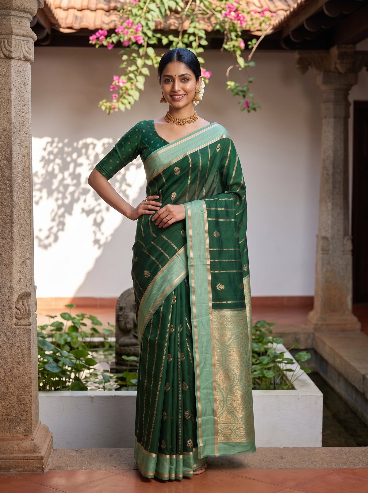 MIMOSA Bottle Green Mysore Silk Saree — pose 4 styling detail